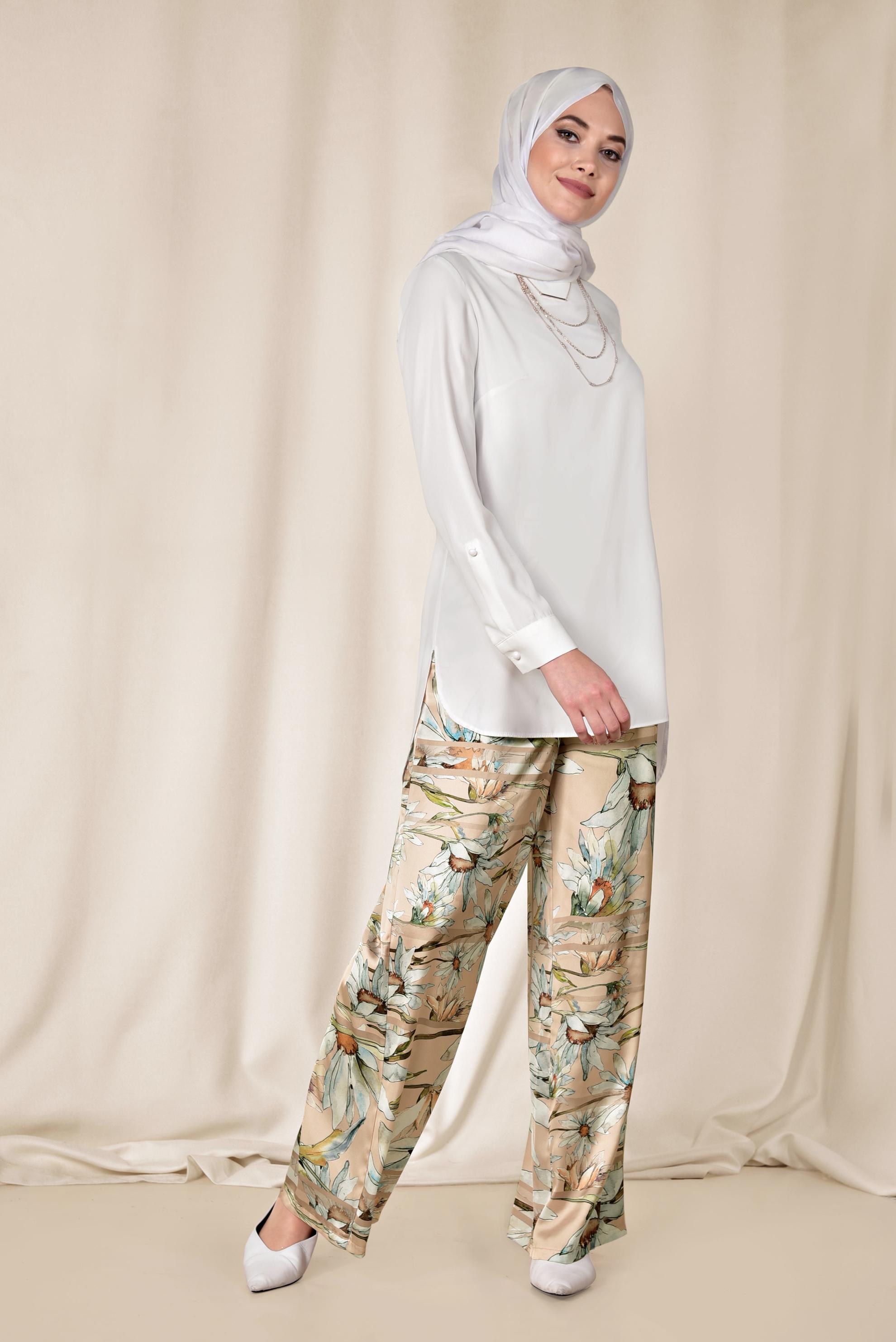 Tesettür giyim PUDRA ÇİÇEK DESENLİ PANTOLON 7505 