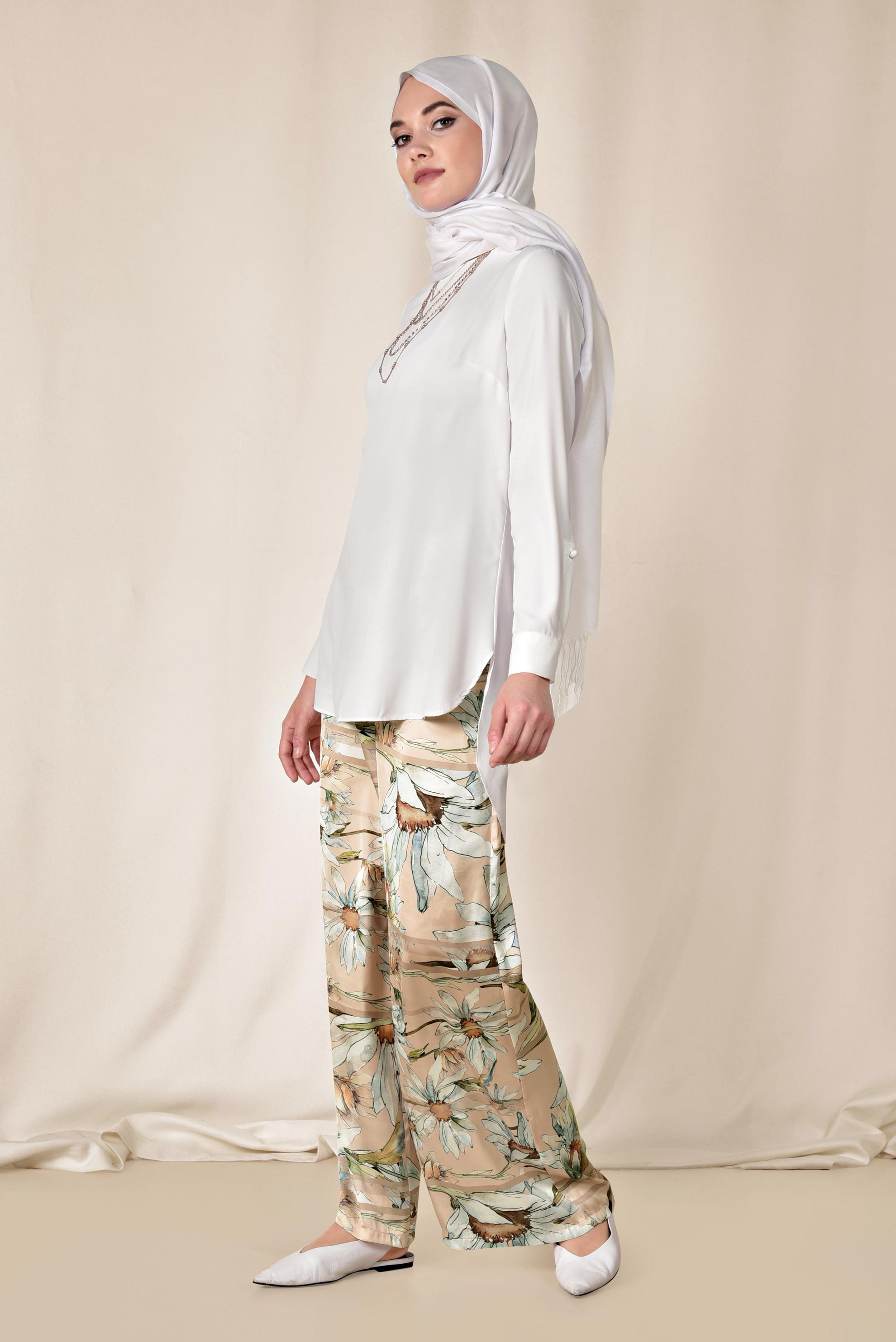 Tesettür giyim PUDRA ÇİÇEK DESENLİ PANTOLON 7505 