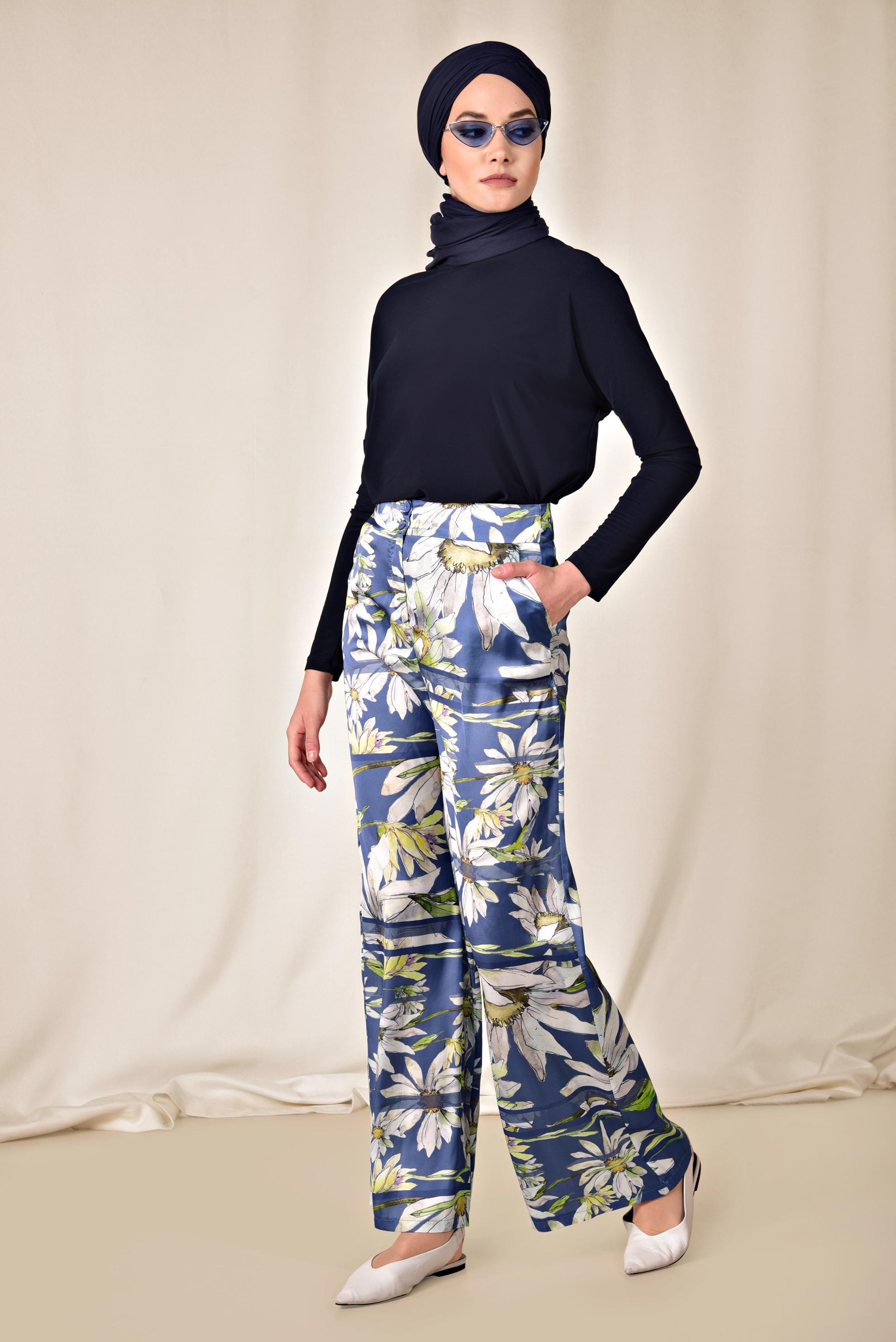 Tesettür giyim LACİVERT ÇİÇEK DESENLİ PANTOLON 7505 
