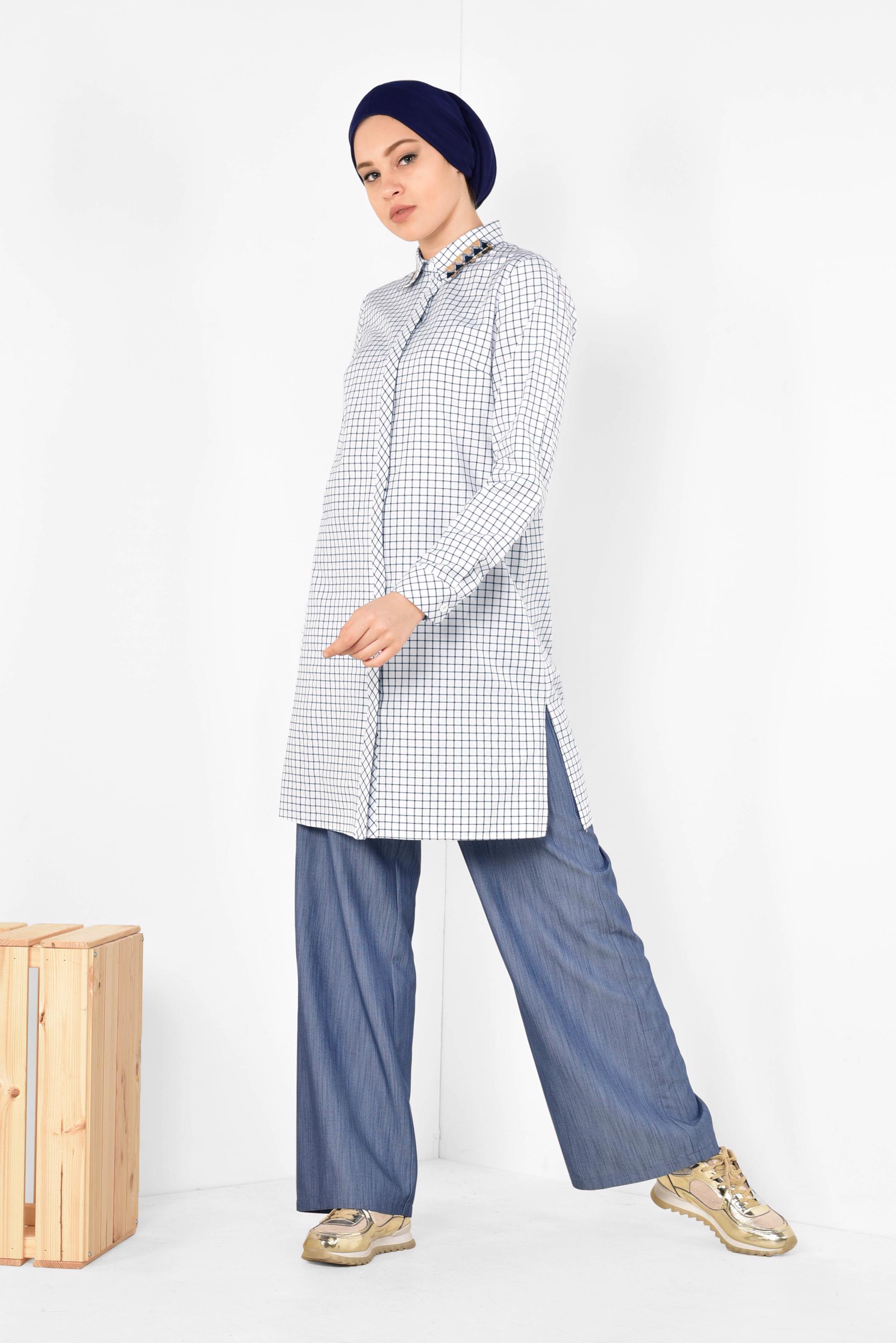 Tesettür giyim LACİVERT YÜKSEK BEL BAĞCIKLI PANTOLON 7515