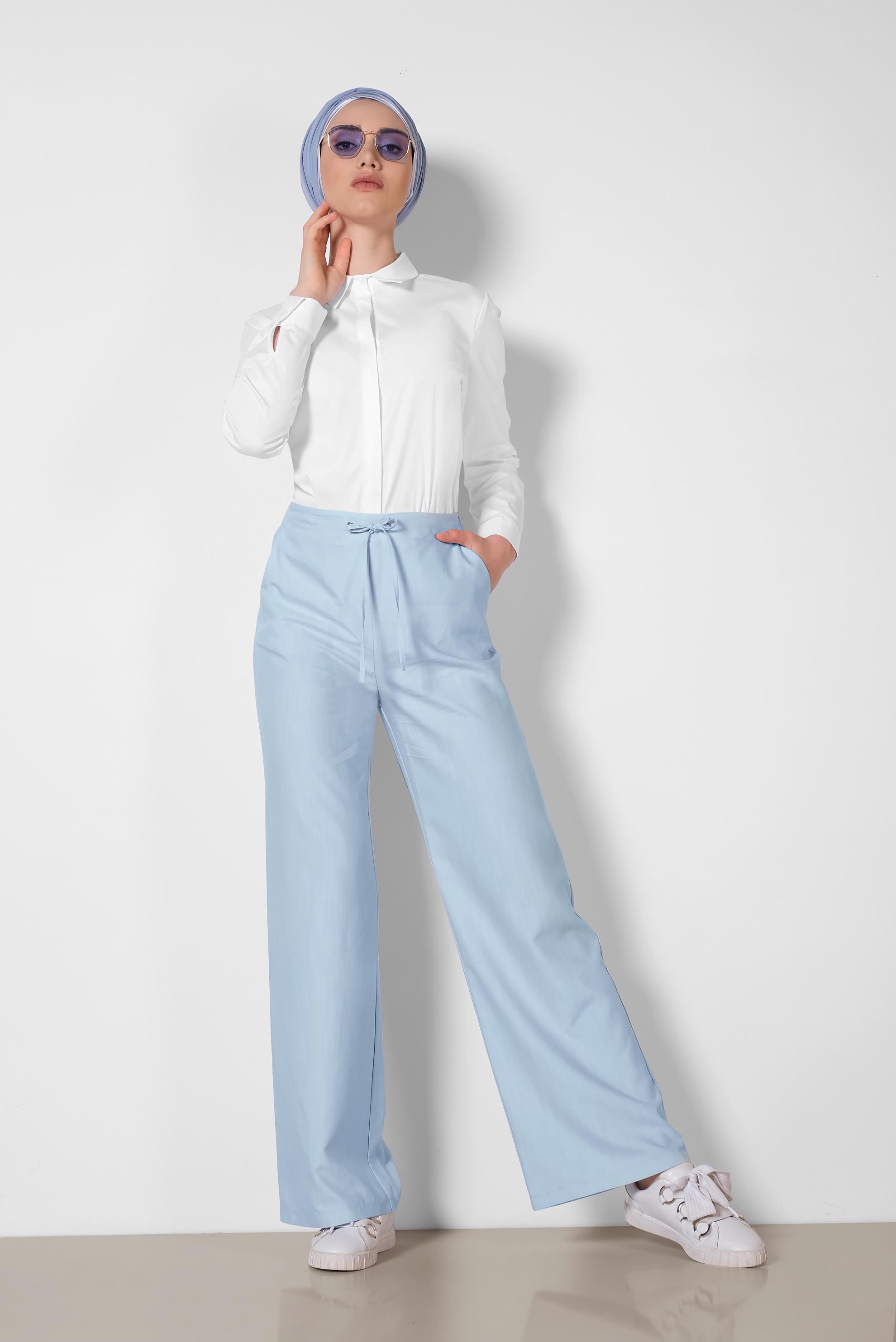 Tesettür giyim MAVİ YÜKSEK BEL BAĞCIKLI PANTOLON 7515