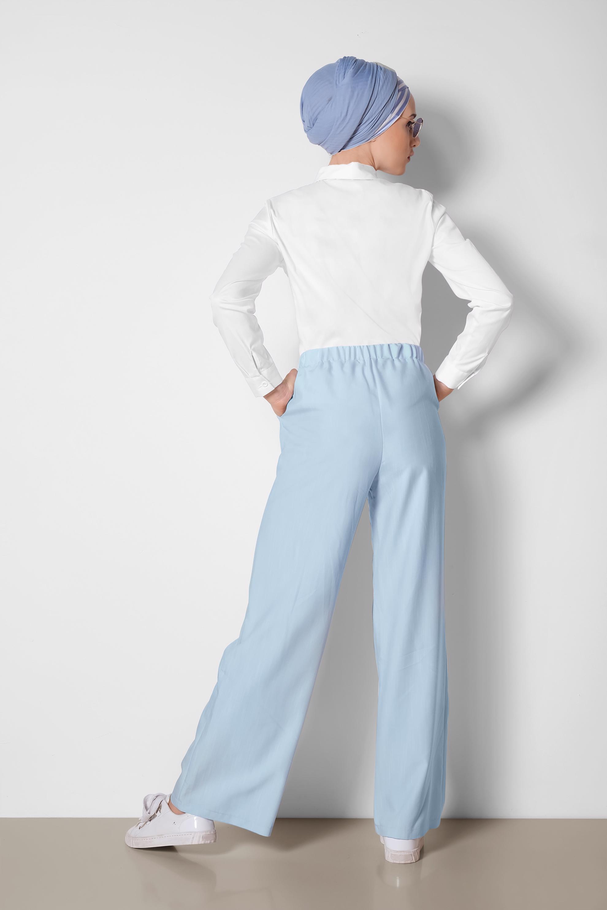 Tesettür giyim MAVİ YÜKSEK BEL BAĞCIKLI PANTOLON 7515