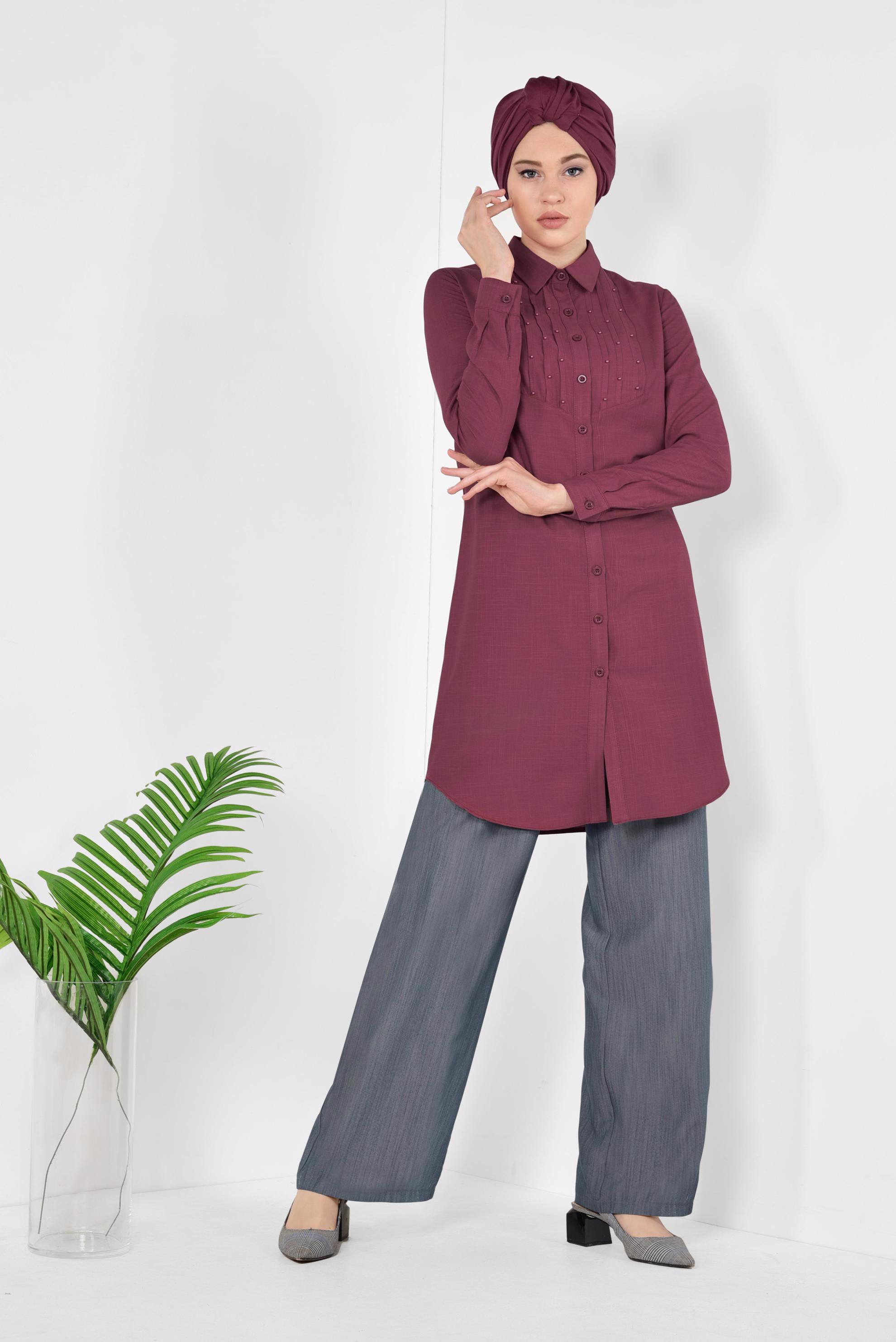 Tesettür giyim MAVİ YÜKSEK BEL BAĞCIKLI PANTOLON 7515