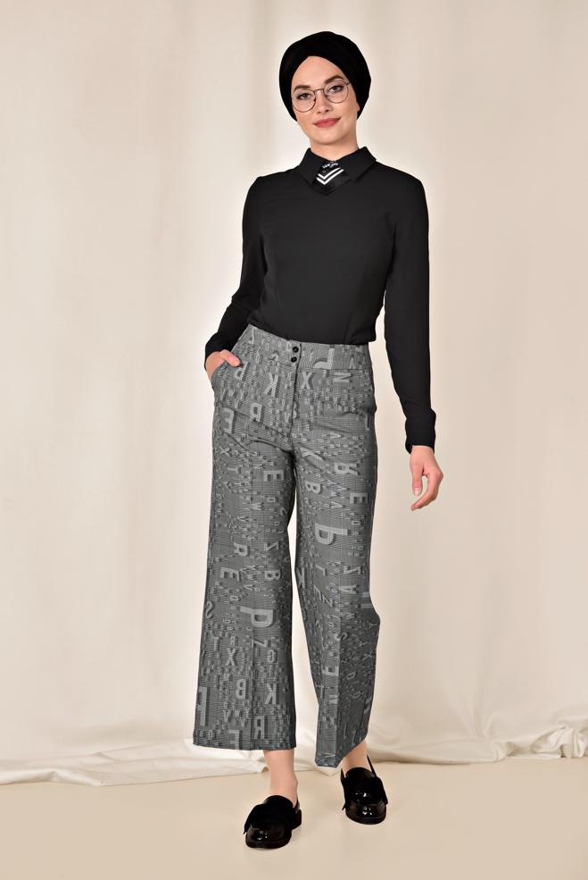 Tesettür giyim  EKOSE VE HARF DESENLİ PANTOLON 7517 - ALVİNA