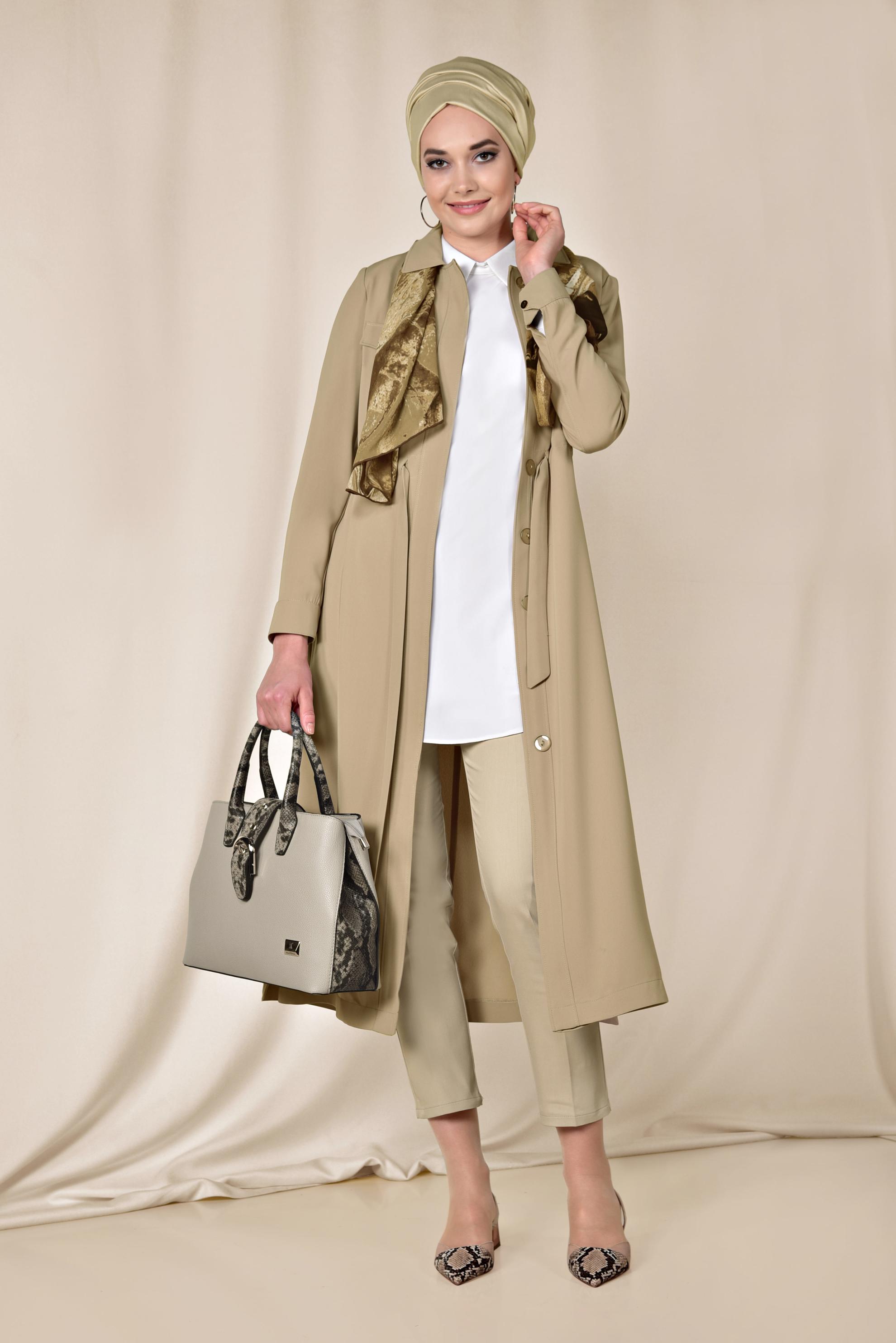 Tesettür giyim KAHVE CEPLİ PAMUKLU YÜKSEK BEL PANTOLON 7526