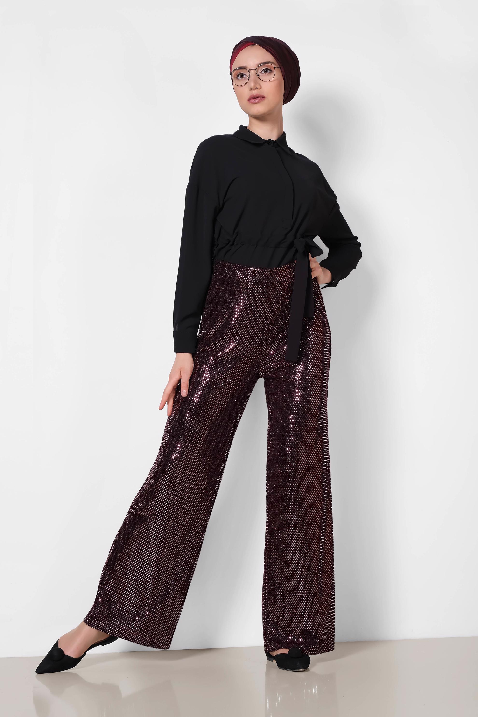 Tesettür giyim BORDO PUL PAYETLİ PANTOLON 7535