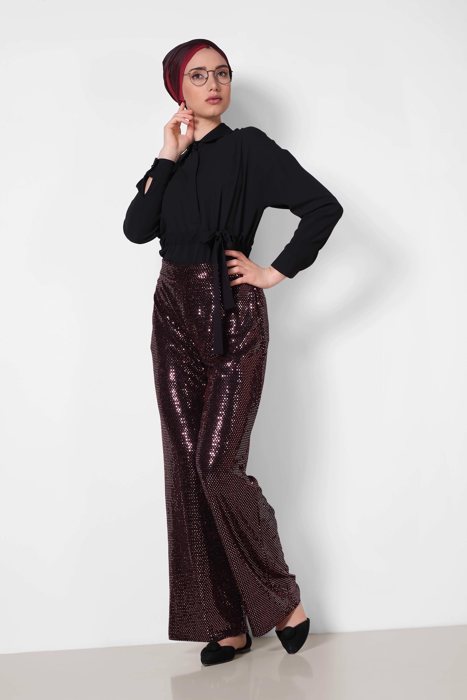 Tesettür giyim BORDO PUL PAYETLİ PANTOLON 7535