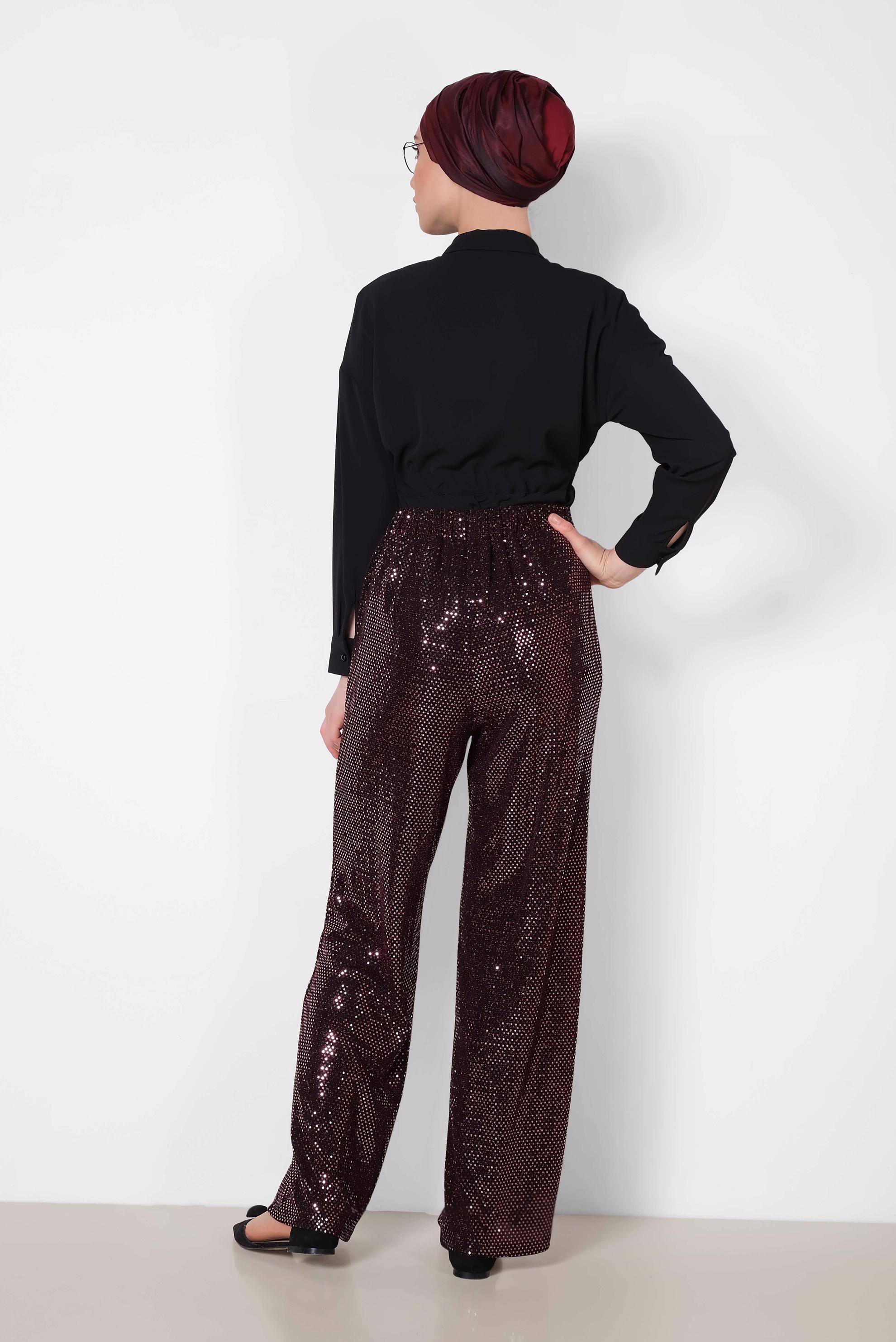 Tesettür giyim BORDO PUL PAYETLİ PANTOLON 7535
