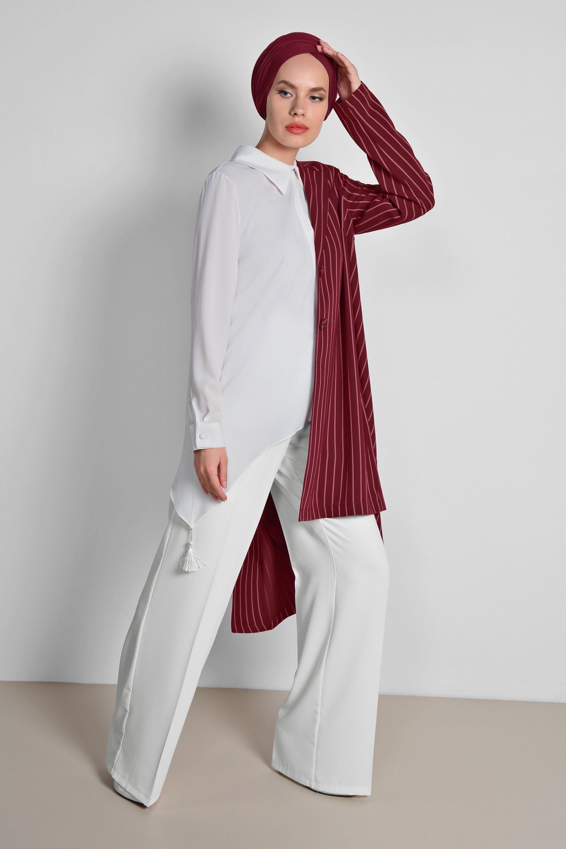 Tesettür giyim BEYAZ ARA BEL BOL PAÇA PANTOLON 7547