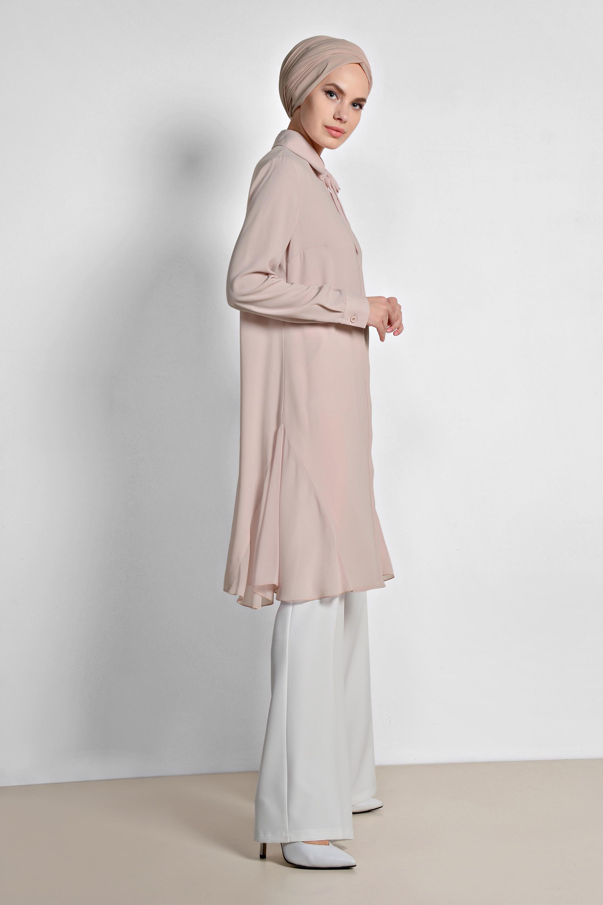 Tesettür giyim EKRU BOL PAÇA KUMAŞ PANTOLON 7548