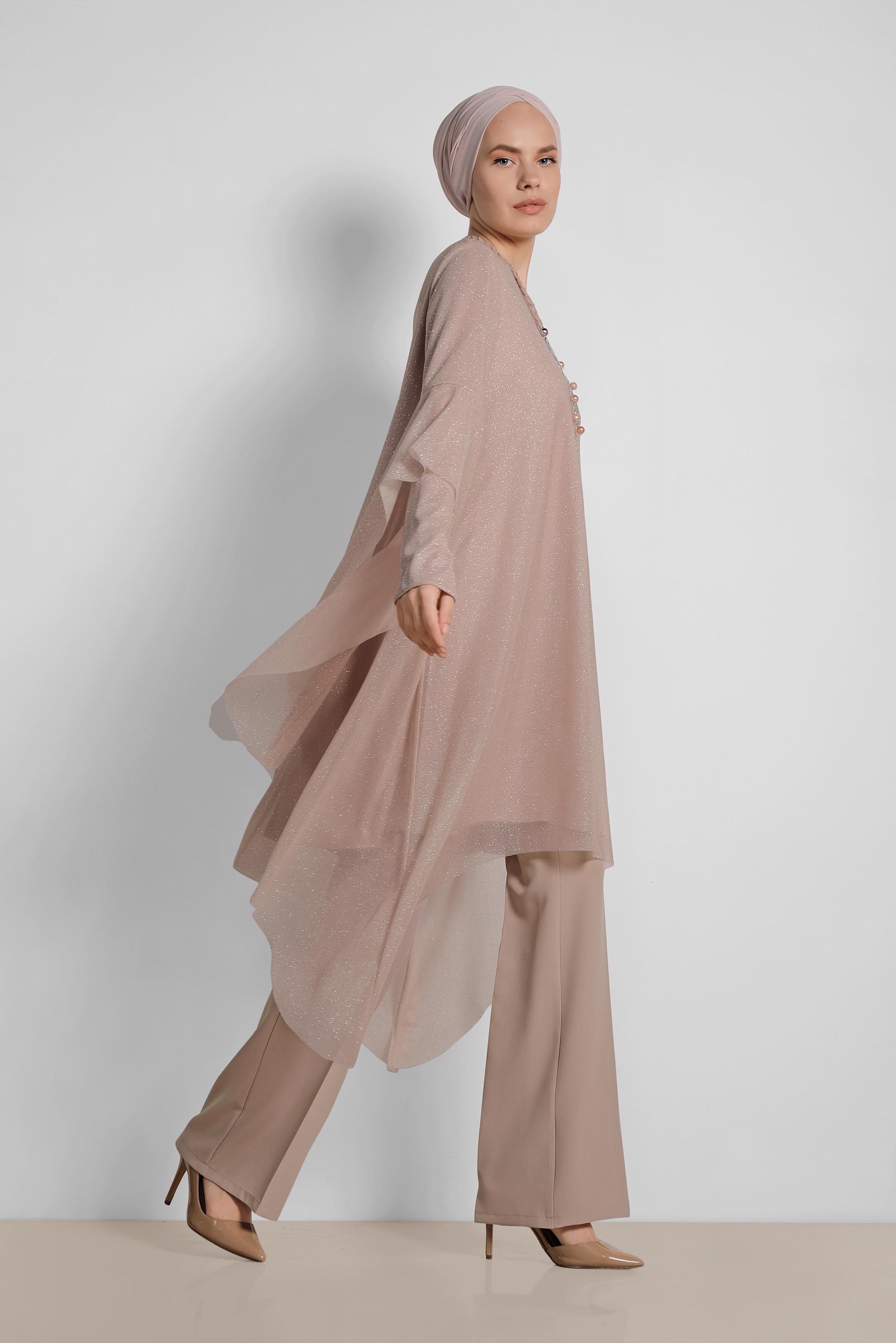 Tesettür giyim BEJ BOL PAÇA KUMAŞ PANTOLON 7548