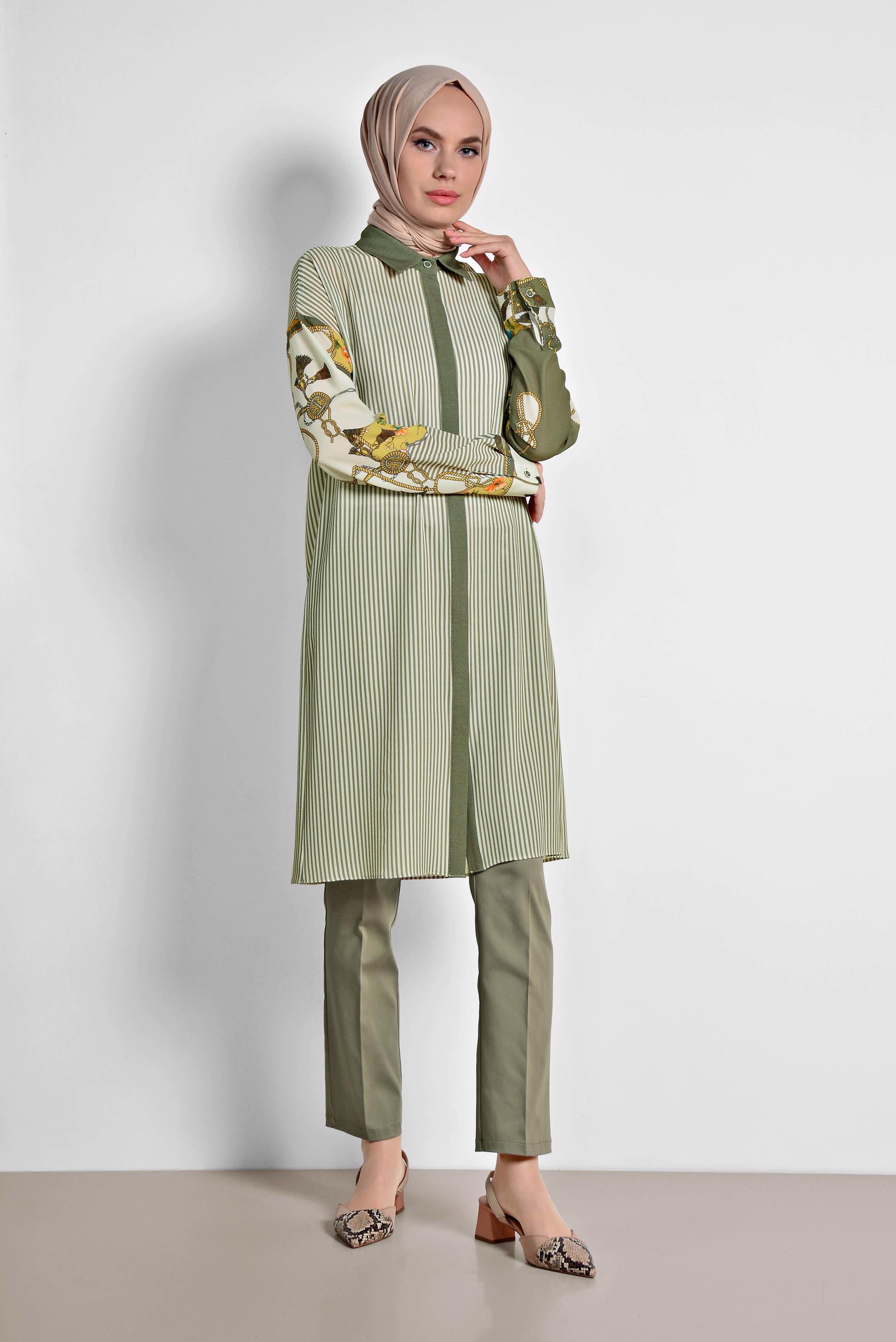 Tesettür giyim HAKİ ARA BEL PAMUKLU KUMAŞ PANTOLON 7552