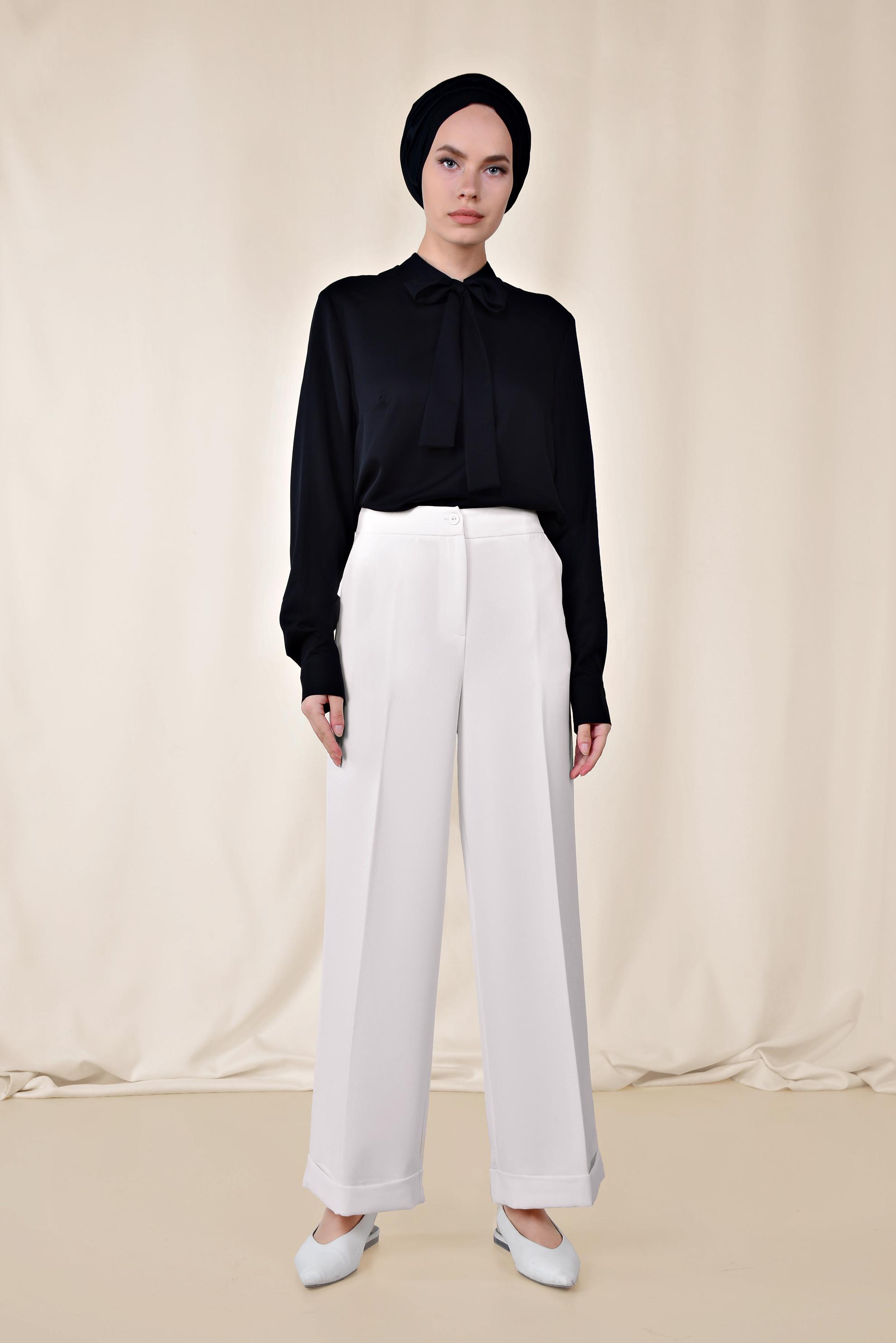 Tesettür giyim BEYAZ YÜKSEK BEL KUMAŞ PANTOLON 7553