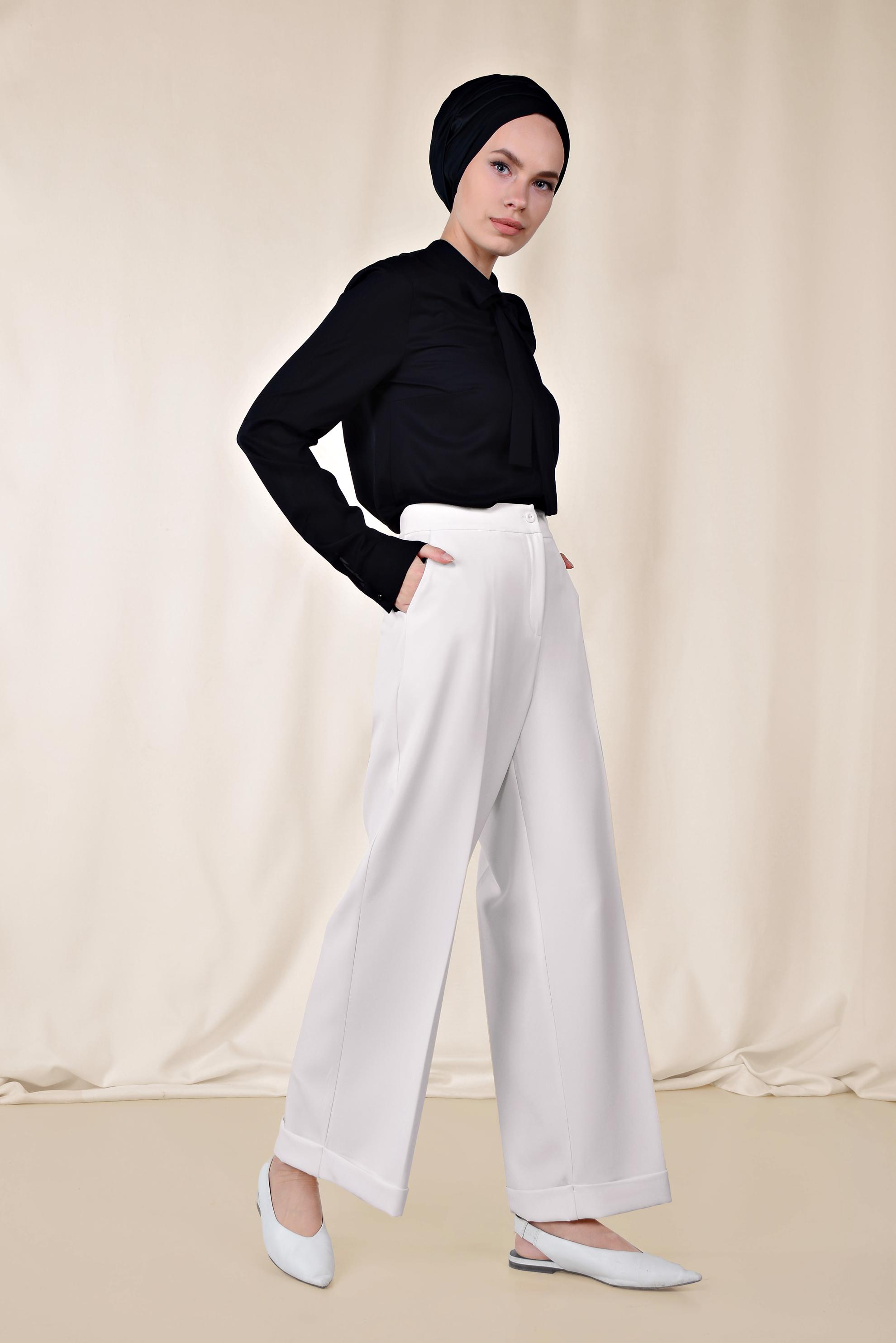 Tesettür giyim BEYAZ YÜKSEK BEL KUMAŞ PANTOLON 7553