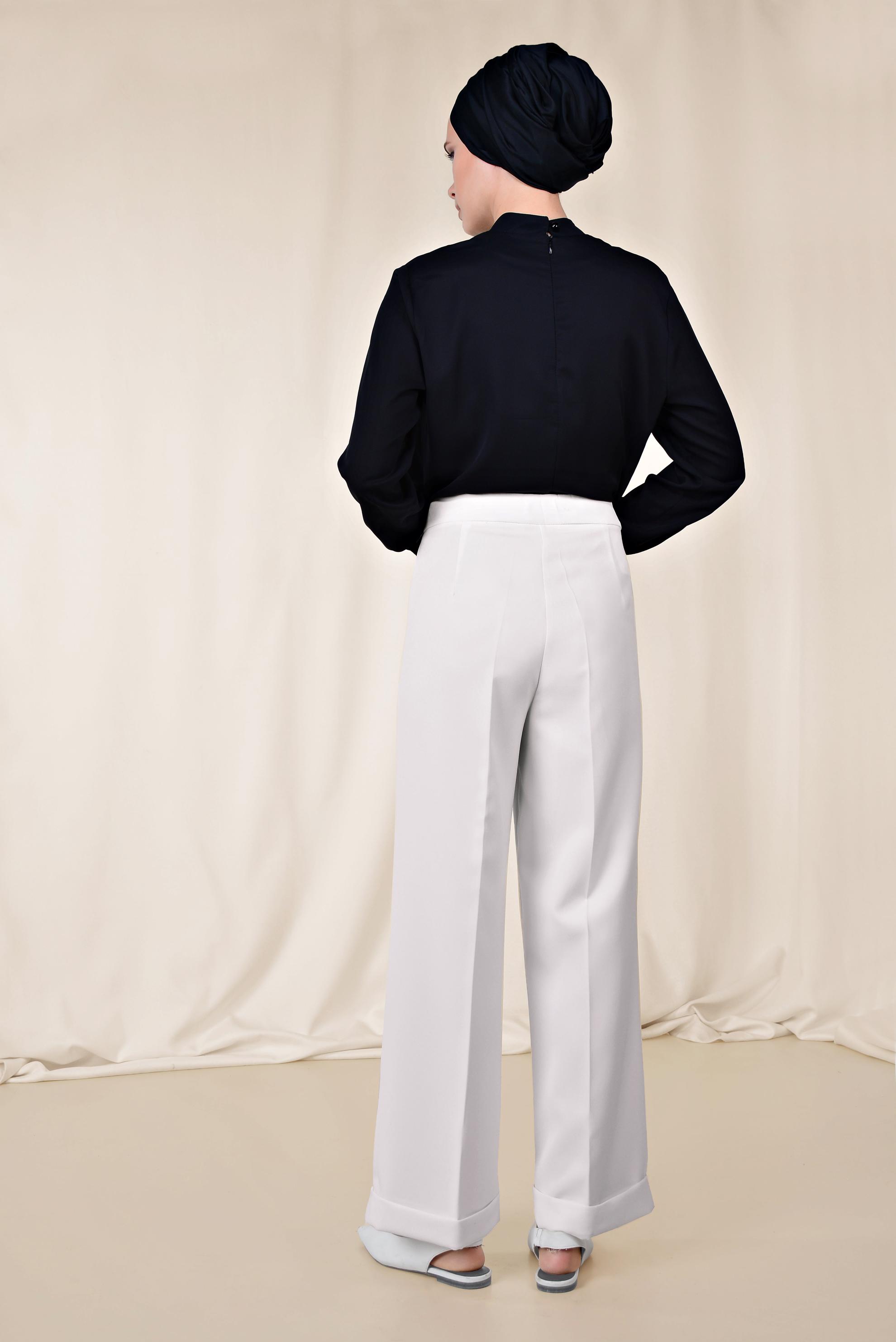 Tesettür giyim BEYAZ YÜKSEK BEL KUMAŞ PANTOLON 7553