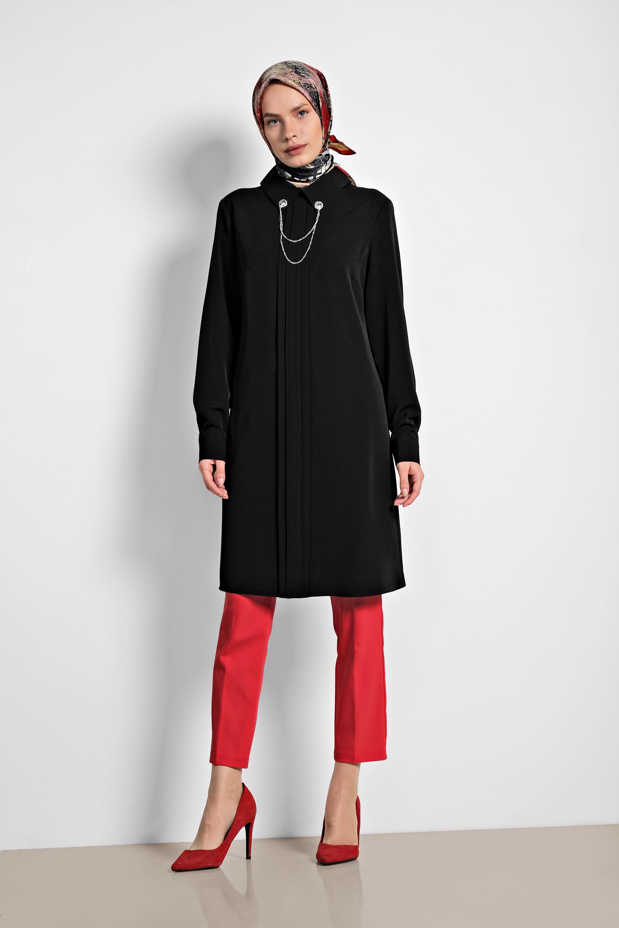 Tesettür giyim KIRMIZI ARA BEL PAMUKLU DAR PAÇA PANTOLON 7554