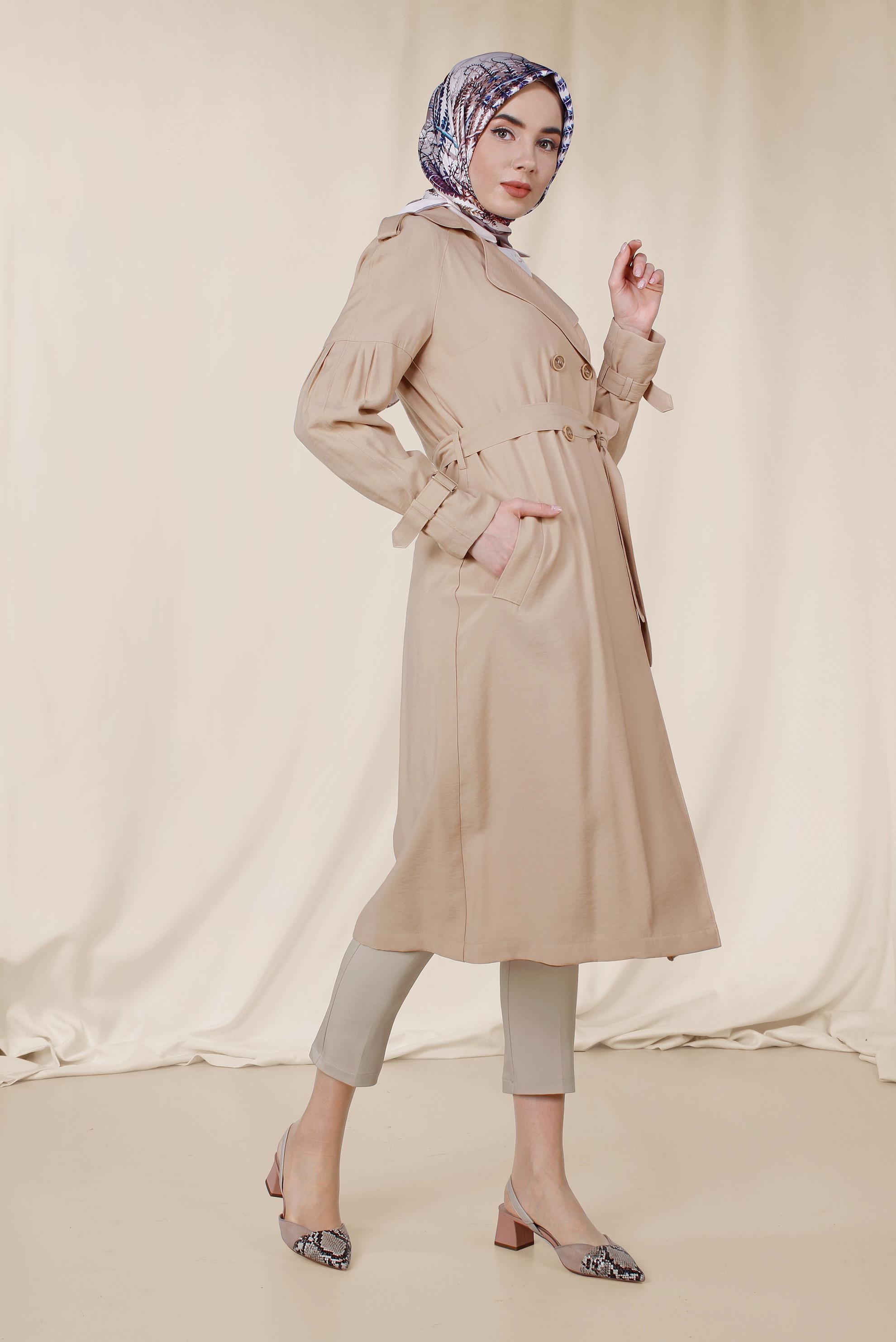 Tesettür giyim BEJ ARA BEL PAMUKLU DAR PAÇA PANTOLON 7554