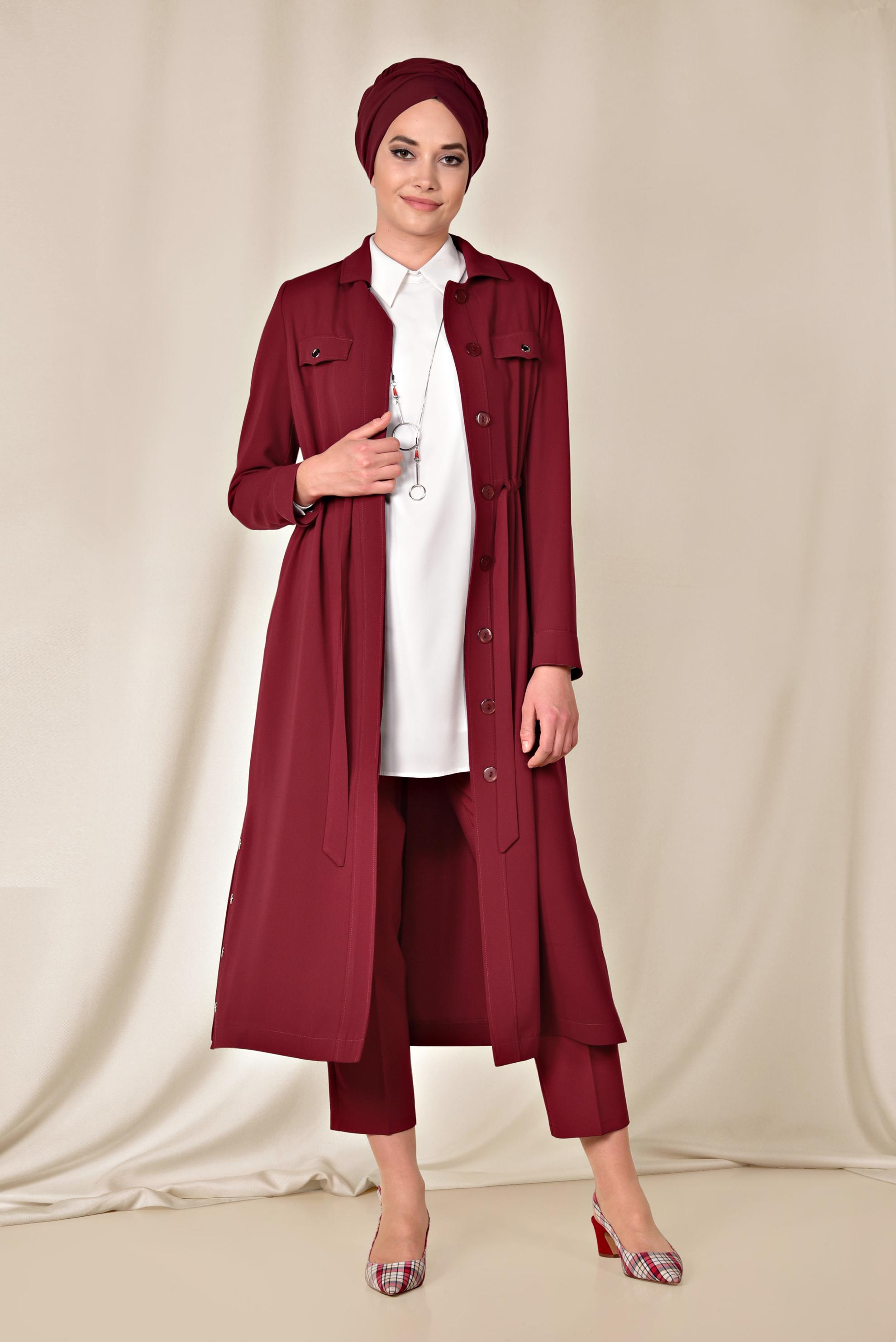 Tesettür giyim KIRMIZI FERMUARLI YÜKSEK BEL PANTOLON 7559