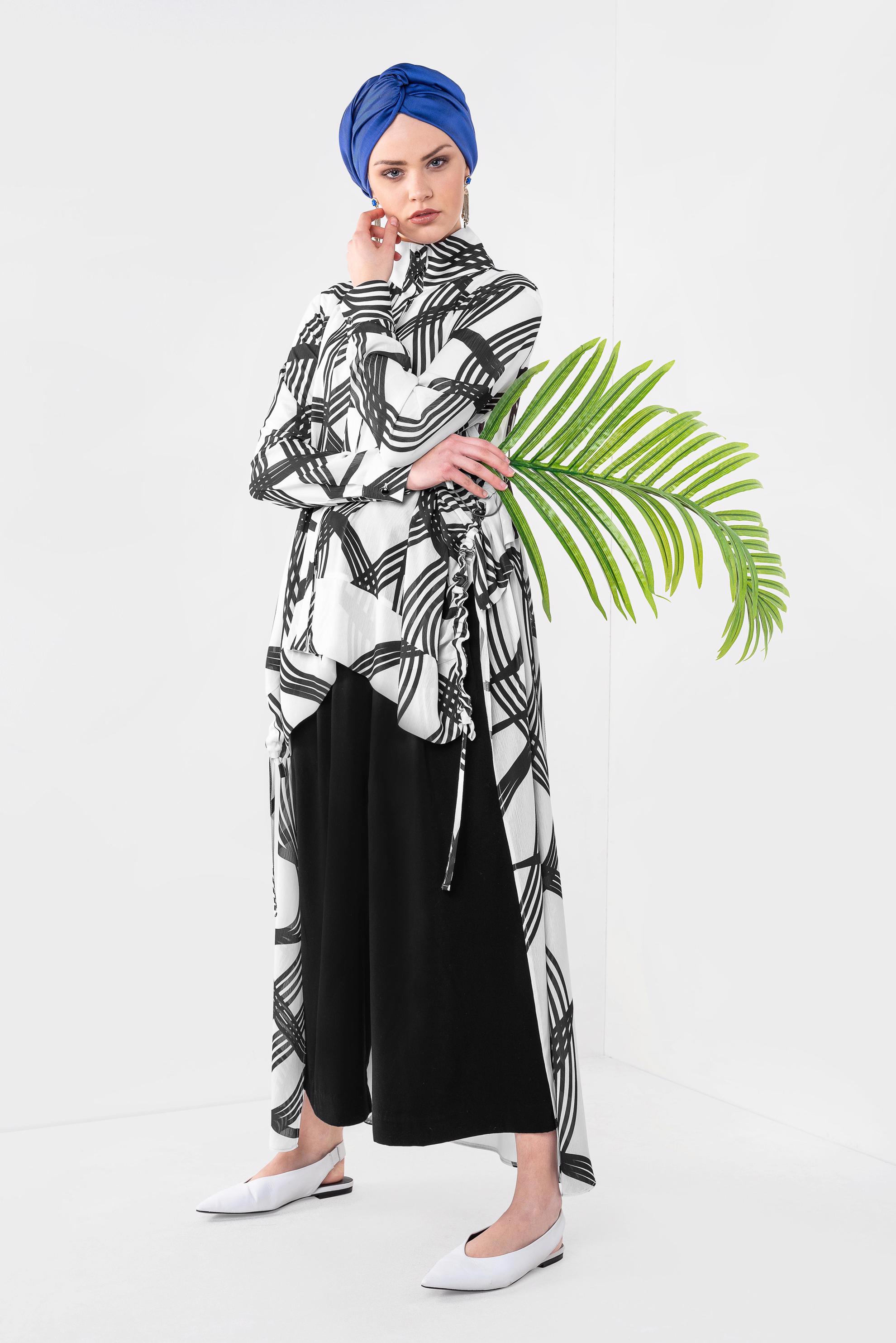 Tesettür giyim SİYAH BELİ BAĞCIKLI BOL PAÇA PANTOLON 7563