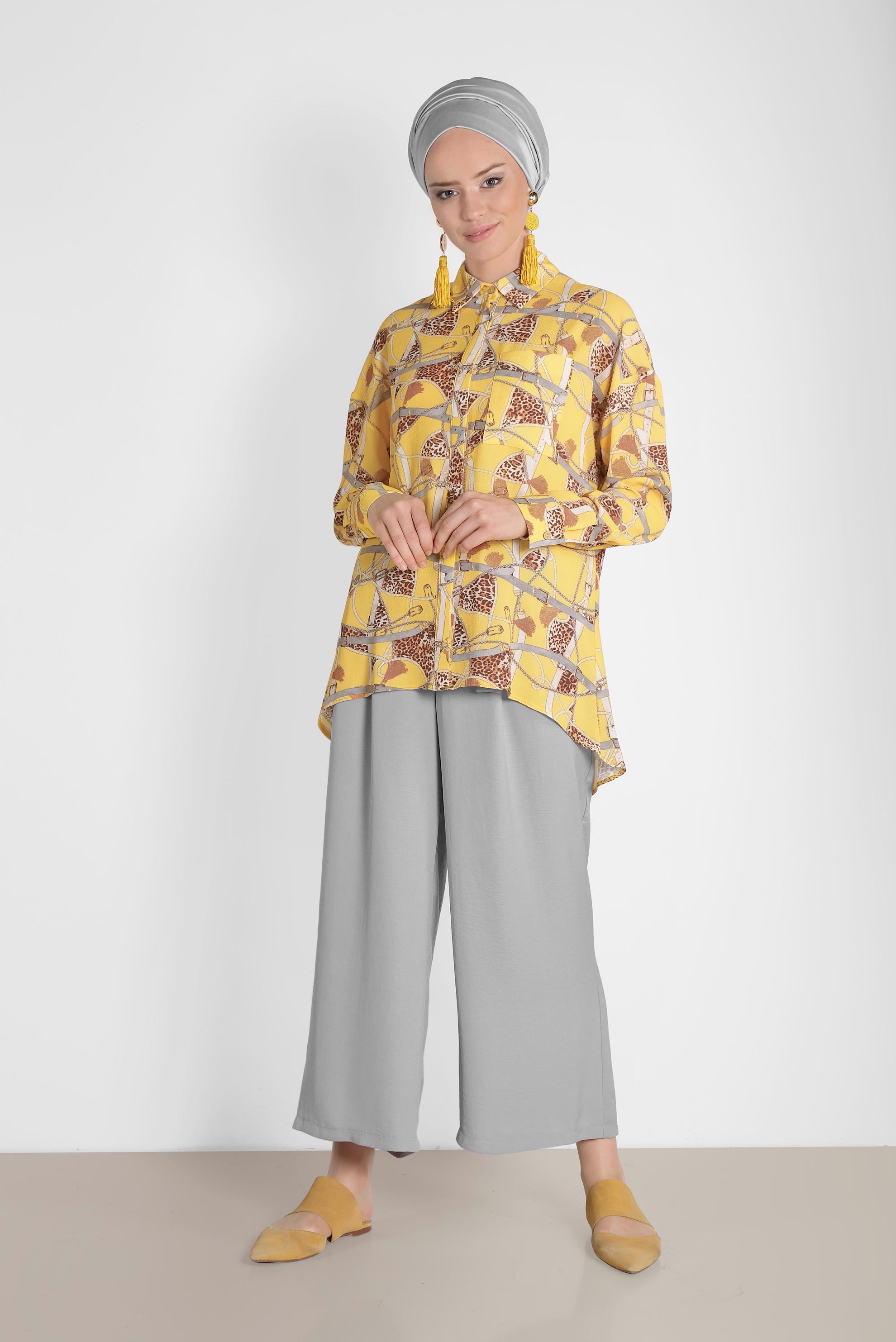 Tesettür giyim GRİ BELİ BAĞCIKLI BOL PAÇA PANTOLON 7563