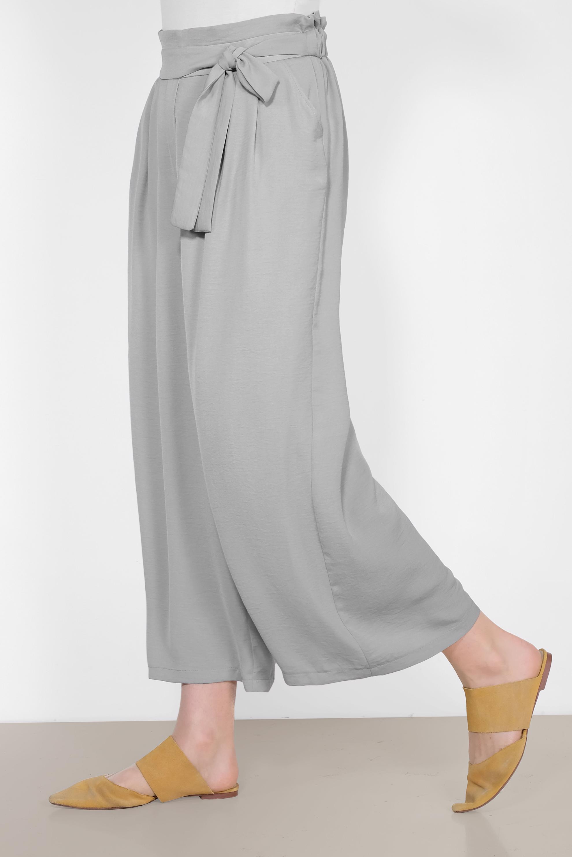 Tesettür giyim GRİ BELİ BAĞCIKLI BOL PAÇA PANTOLON 7563