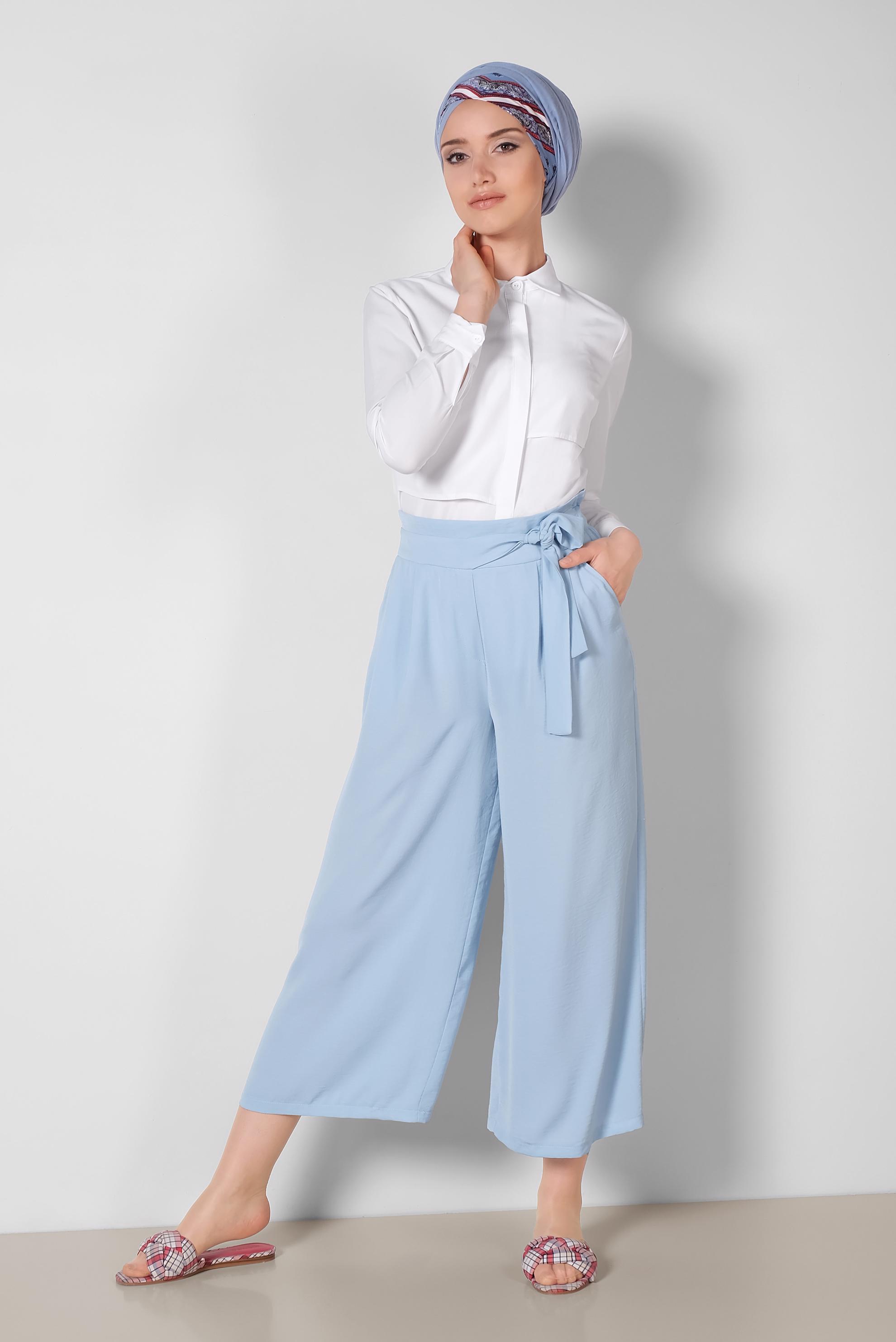 Tesettür giyim MAVİ BELİ BAĞCIKLI BOL PAÇA PANTOLON 7563