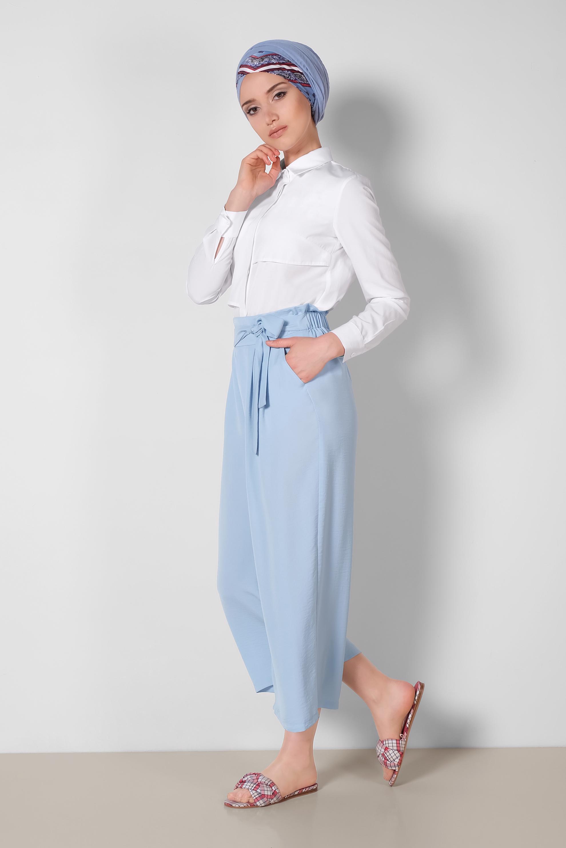Tesettür giyim MAVİ BELİ BAĞCIKLI BOL PAÇA PANTOLON 7563