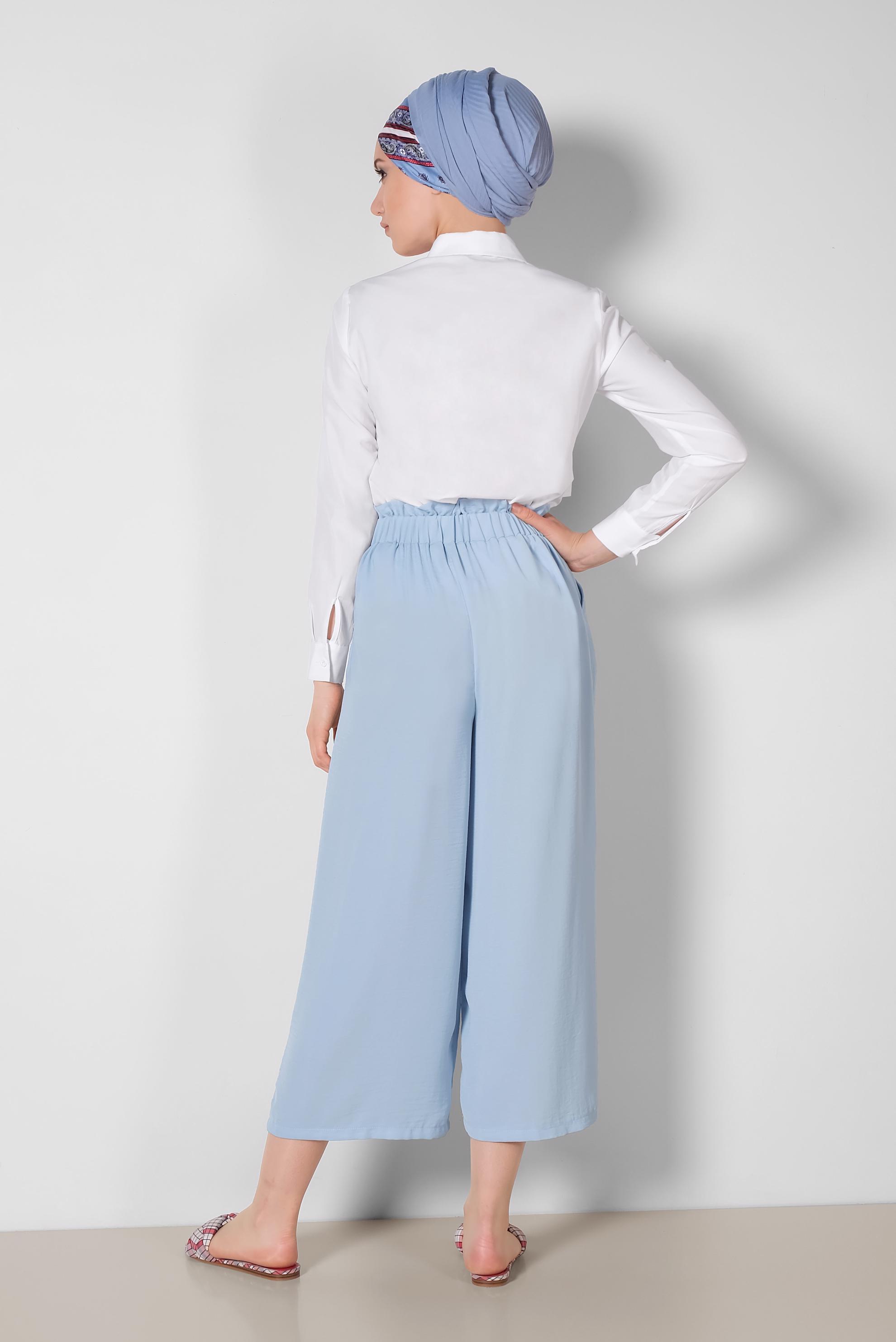 Tesettür giyim MAVİ BELİ BAĞCIKLI BOL PAÇA PANTOLON 7563
