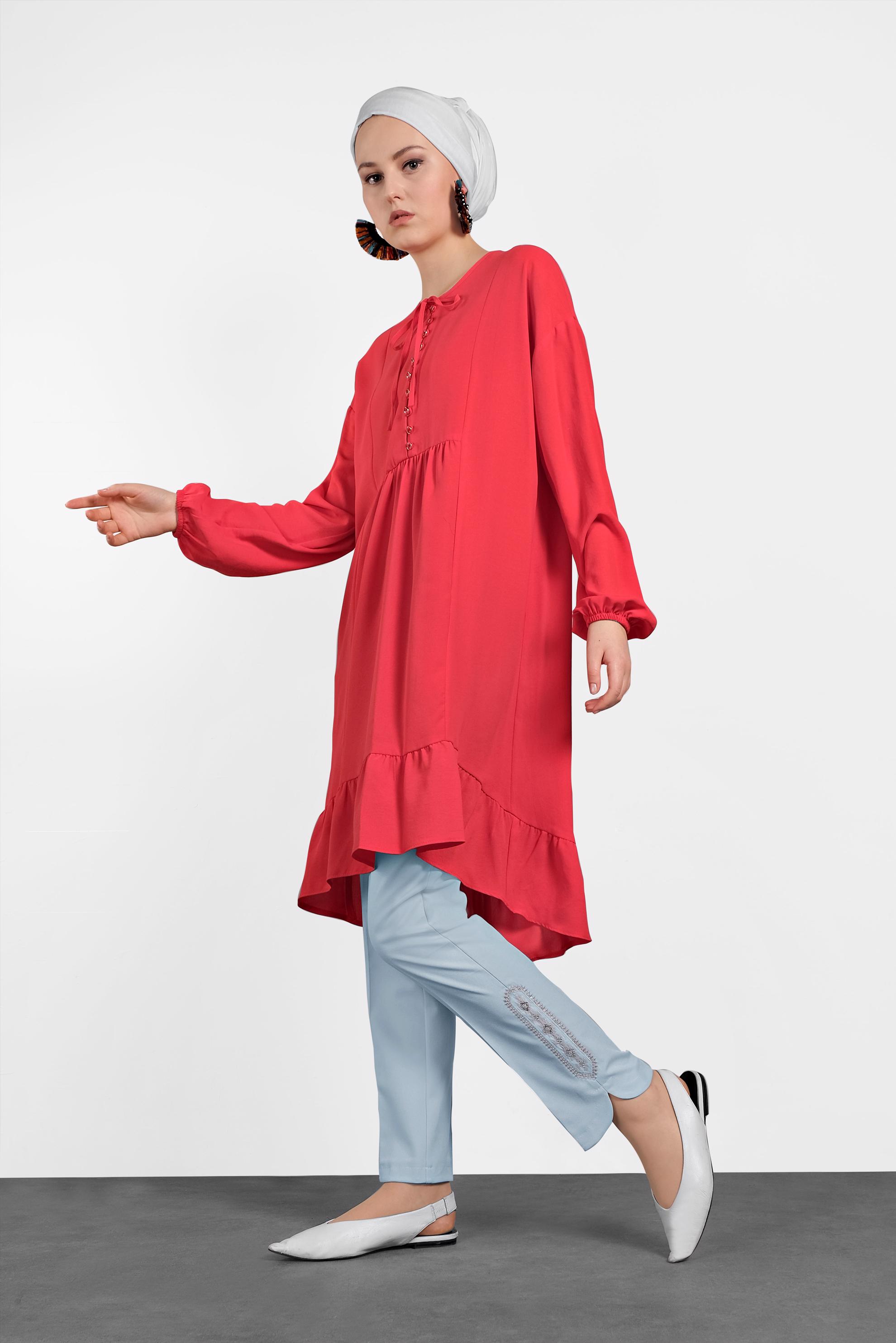 Tesettür giyim MAVİ PAÇASI PUL İŞLEMELİ ARA BEL PANTOLON 7566