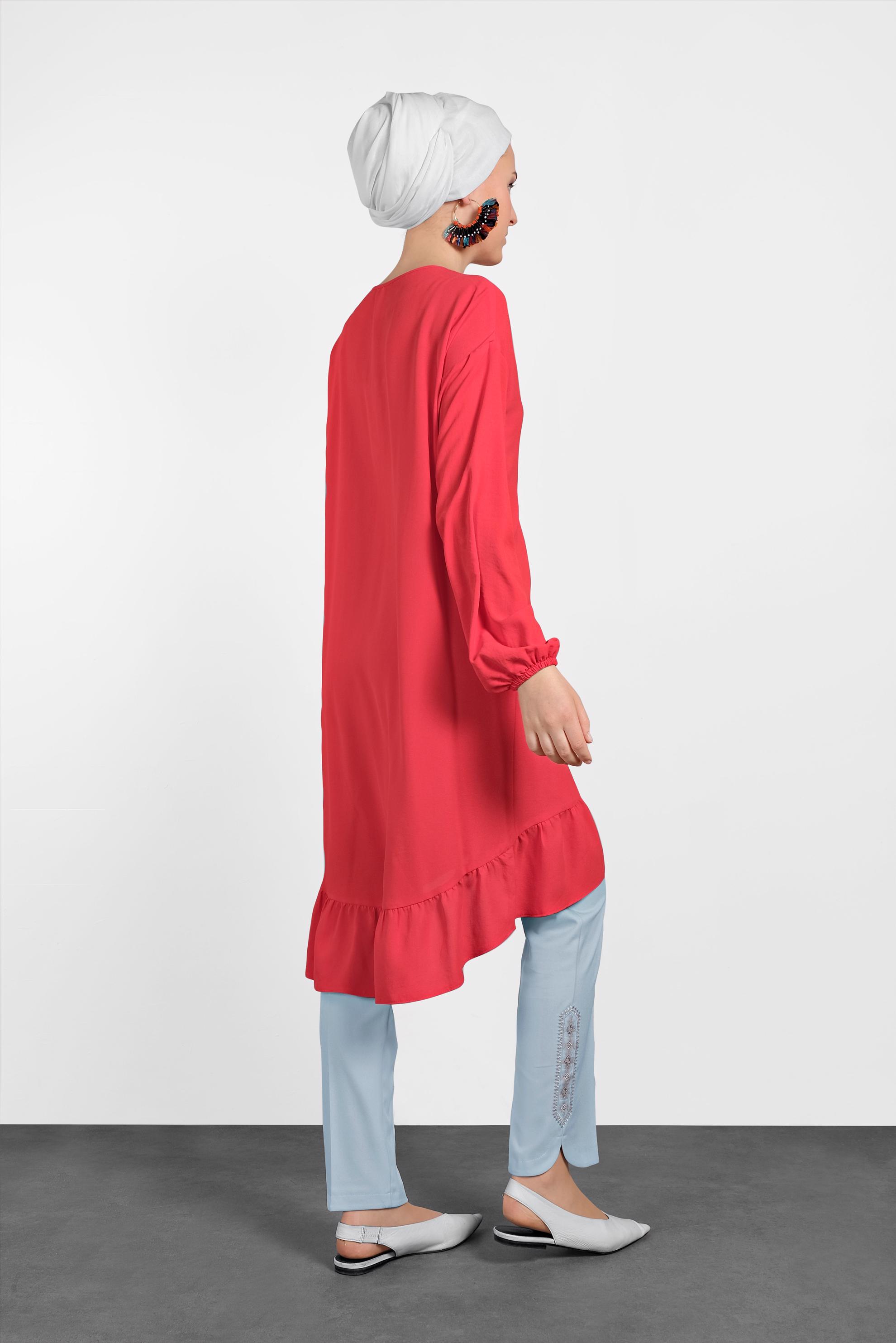 Tesettür giyim MAVİ PAÇASI PUL İŞLEMELİ ARA BEL PANTOLON 7566