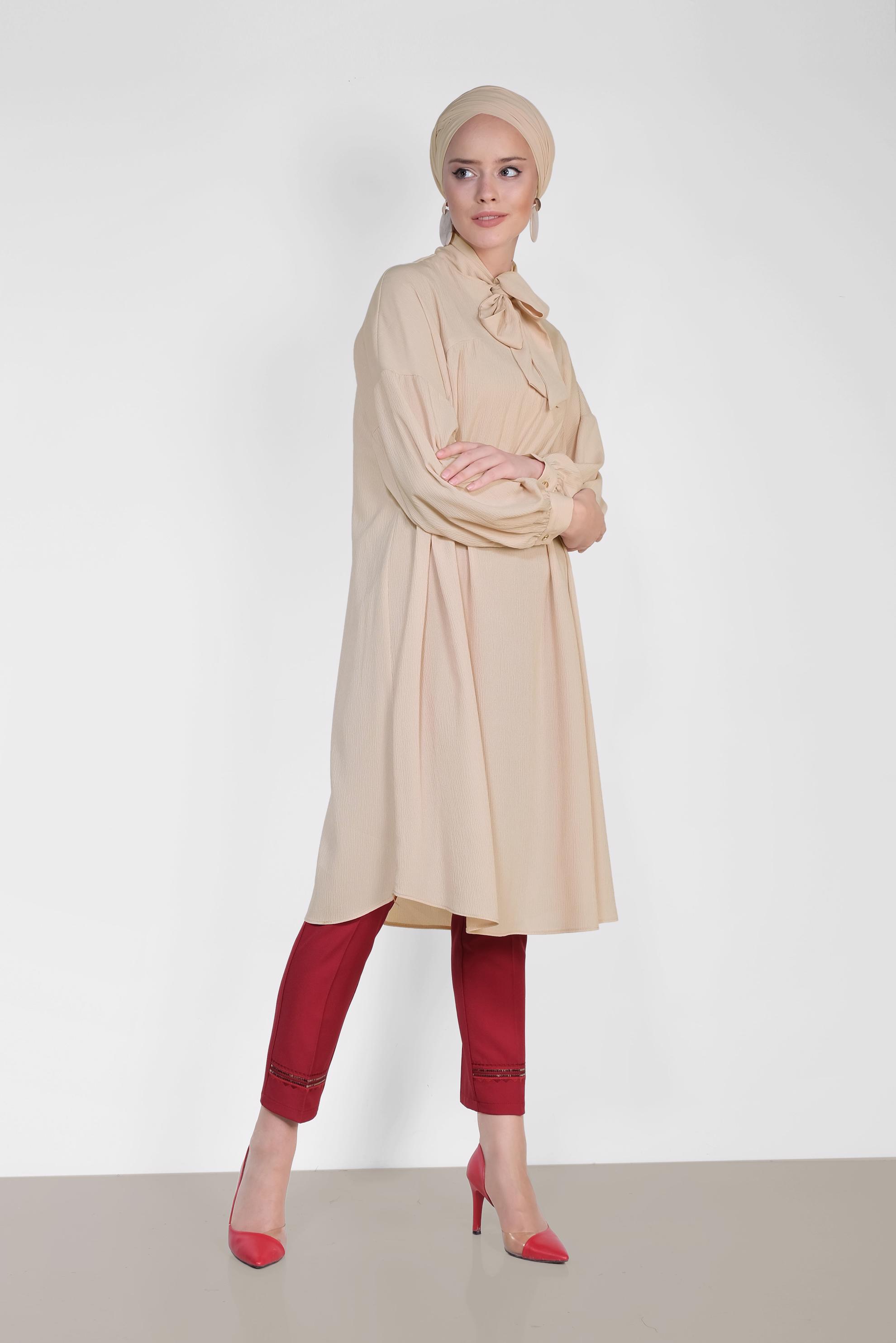 Tesettür giyim BORDO İŞLEMELİ KUMAŞ PANTOLON 7567