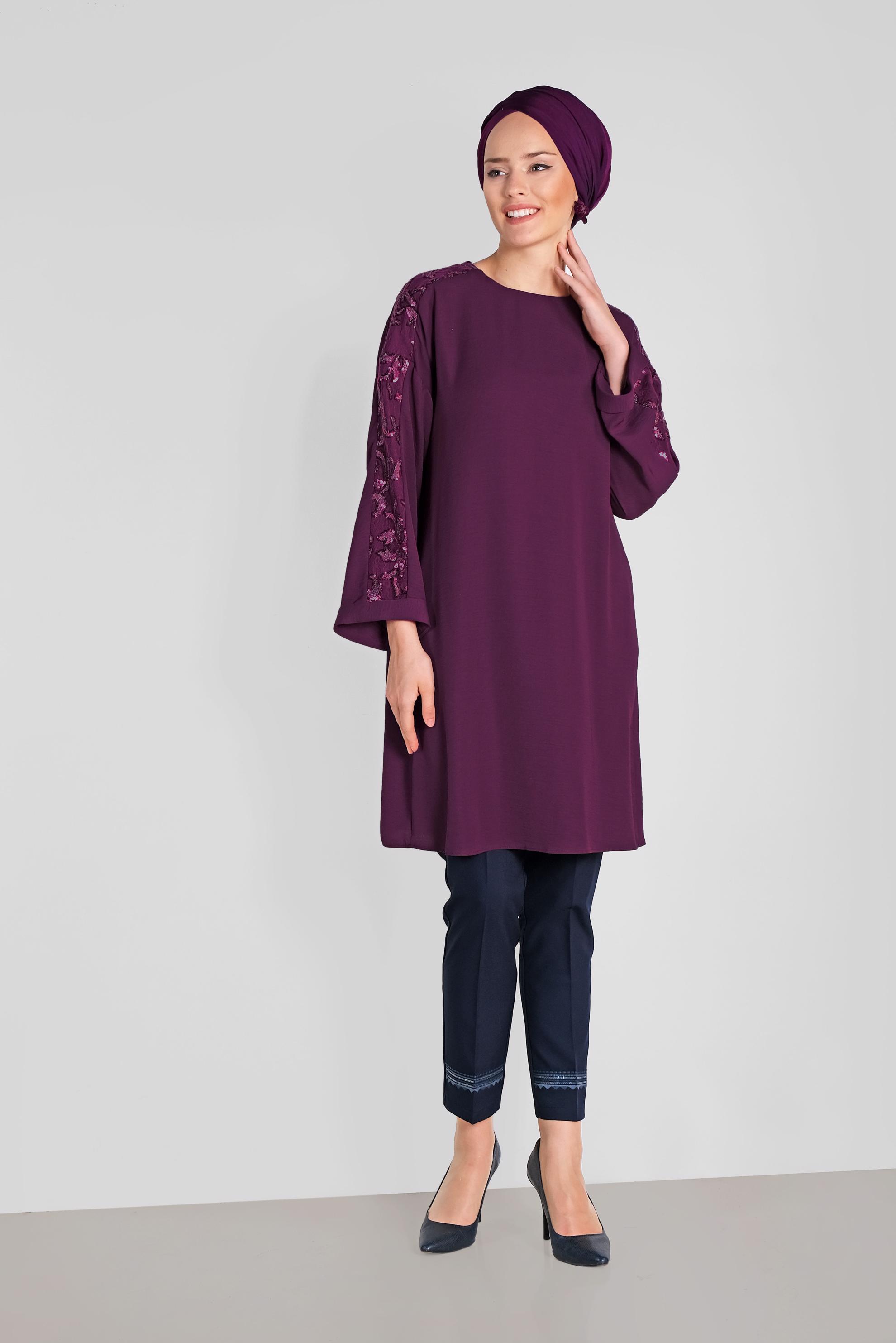 Tesettür giyim LACİVERT İŞLEMELİ KUMAŞ PANTOLON 7567