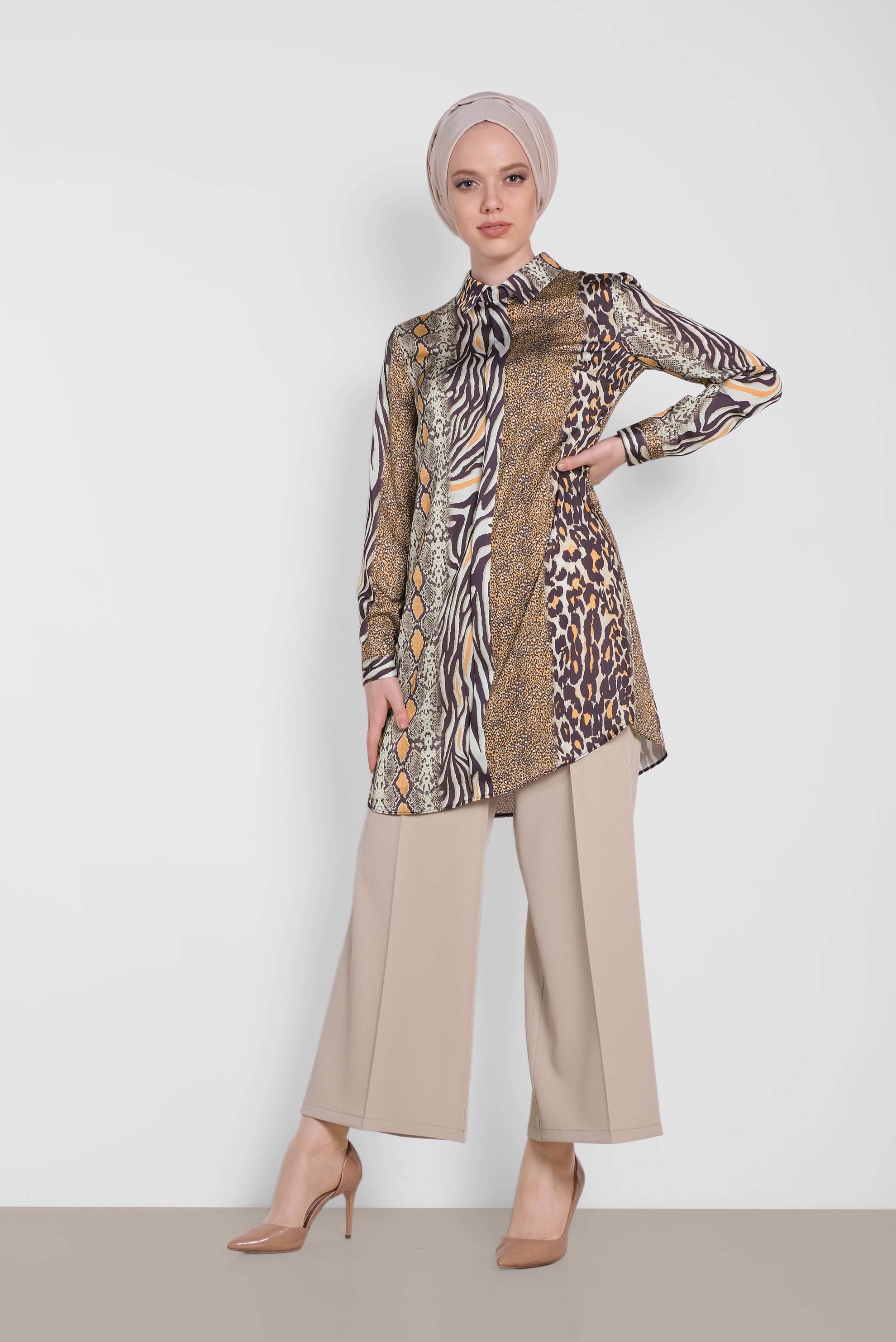 Tesettür giyim BEJ BOL PAÇA DÜĞMELİ PANTOLON 7568 