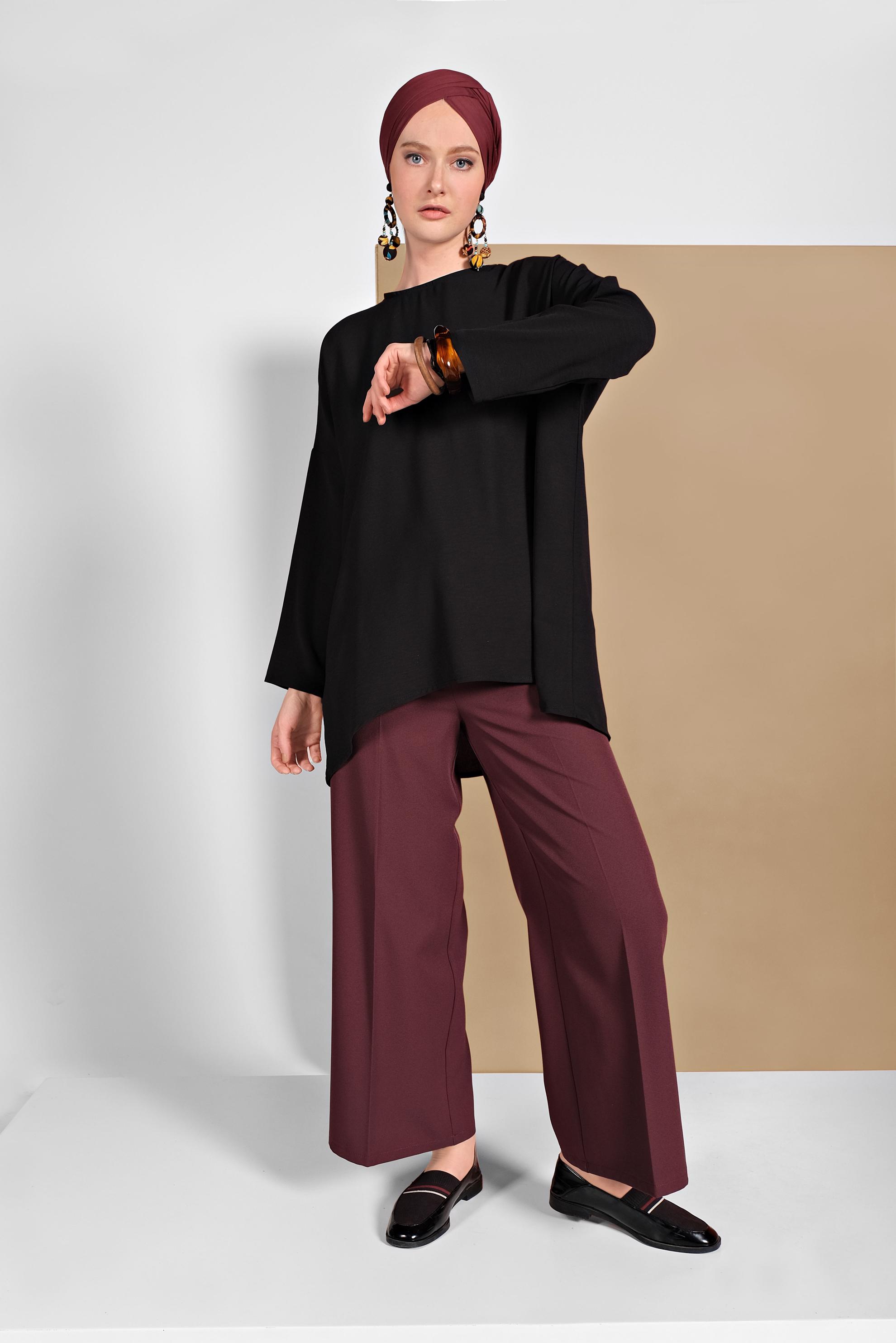 Tesettür giyim BORDO BOL PAÇA DÜĞMELİ PANTOLON 7568 