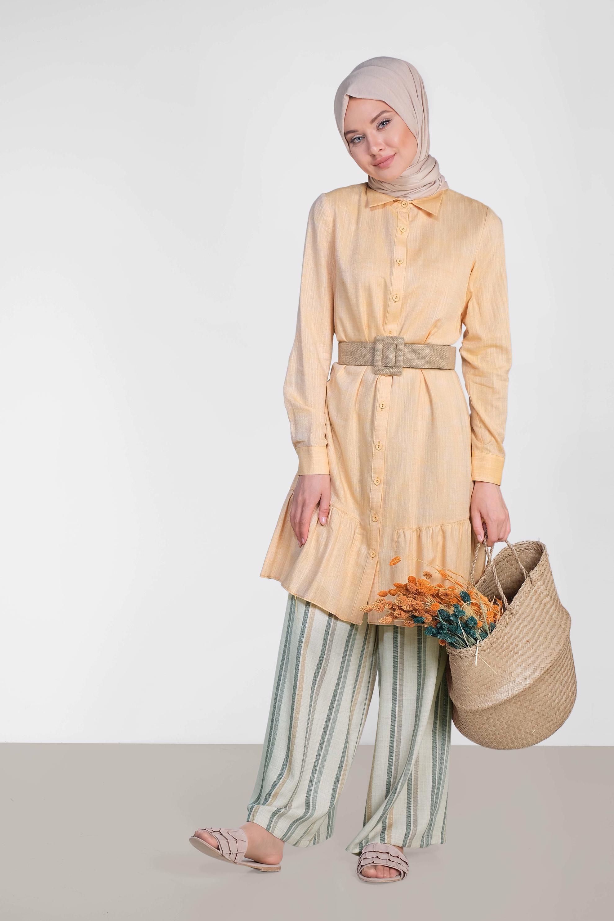 Tesettür giyim GRİ ÇİZGİLİ BOL PAÇA PANTOLON 7570