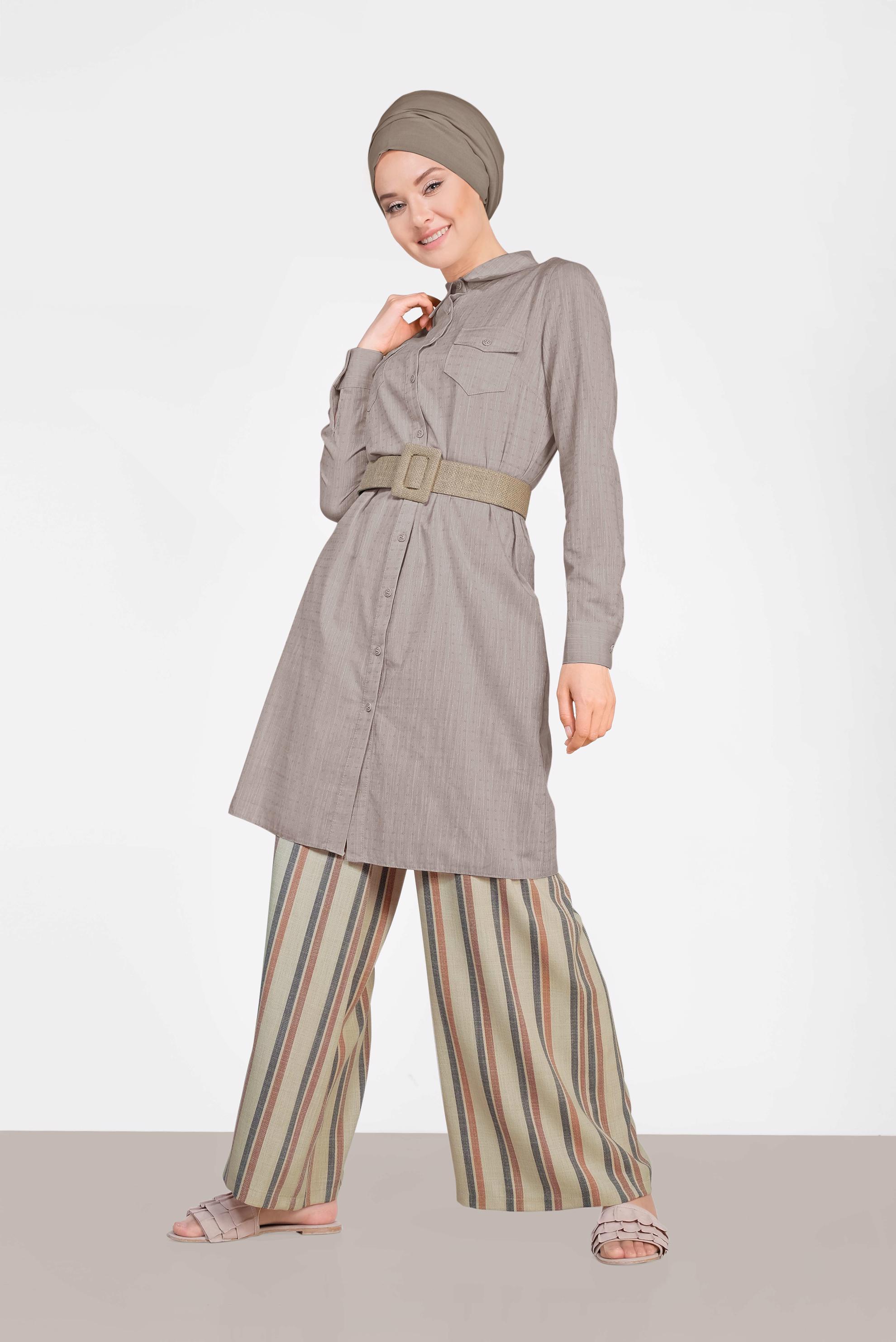 Tesettür giyim GRİ ÇİZGİLİ BOL PAÇA PANTOLON 7570