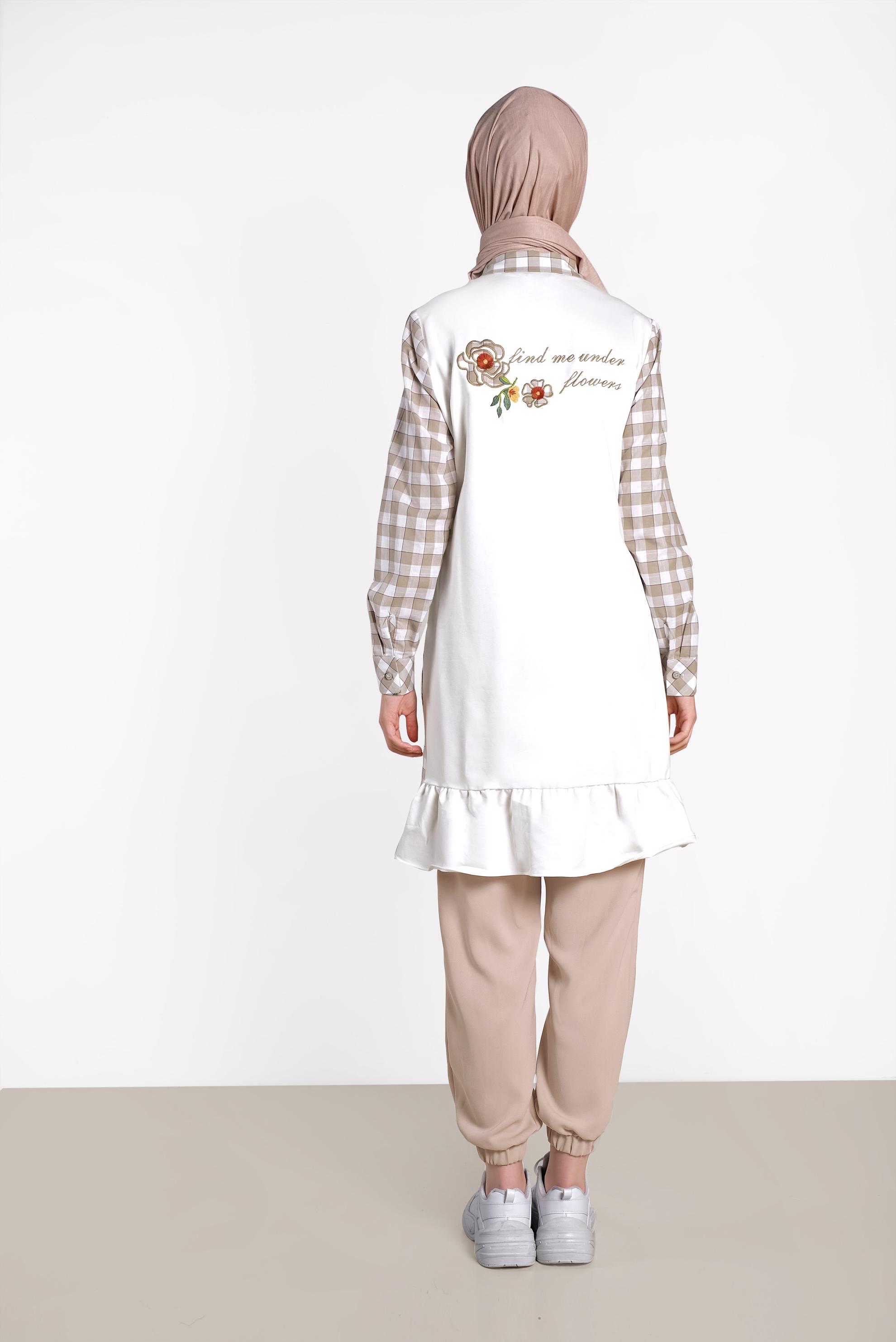 Tesettür giyim BEJ BİLEKLERİ VE BELİ LASTİKLİ PANTOLON 7571 