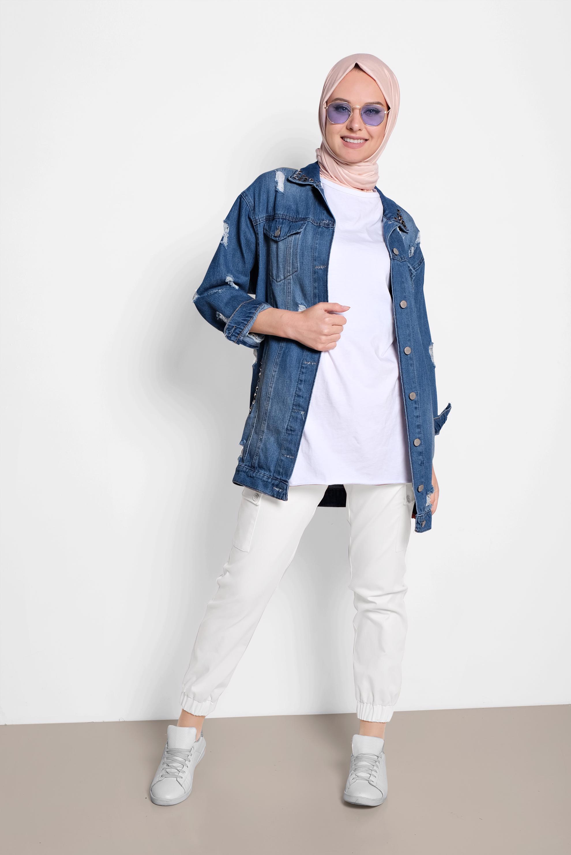 Tesettür giyim BEYAZ YANDAN CEPLİ KARGO PANTOLON 7572 