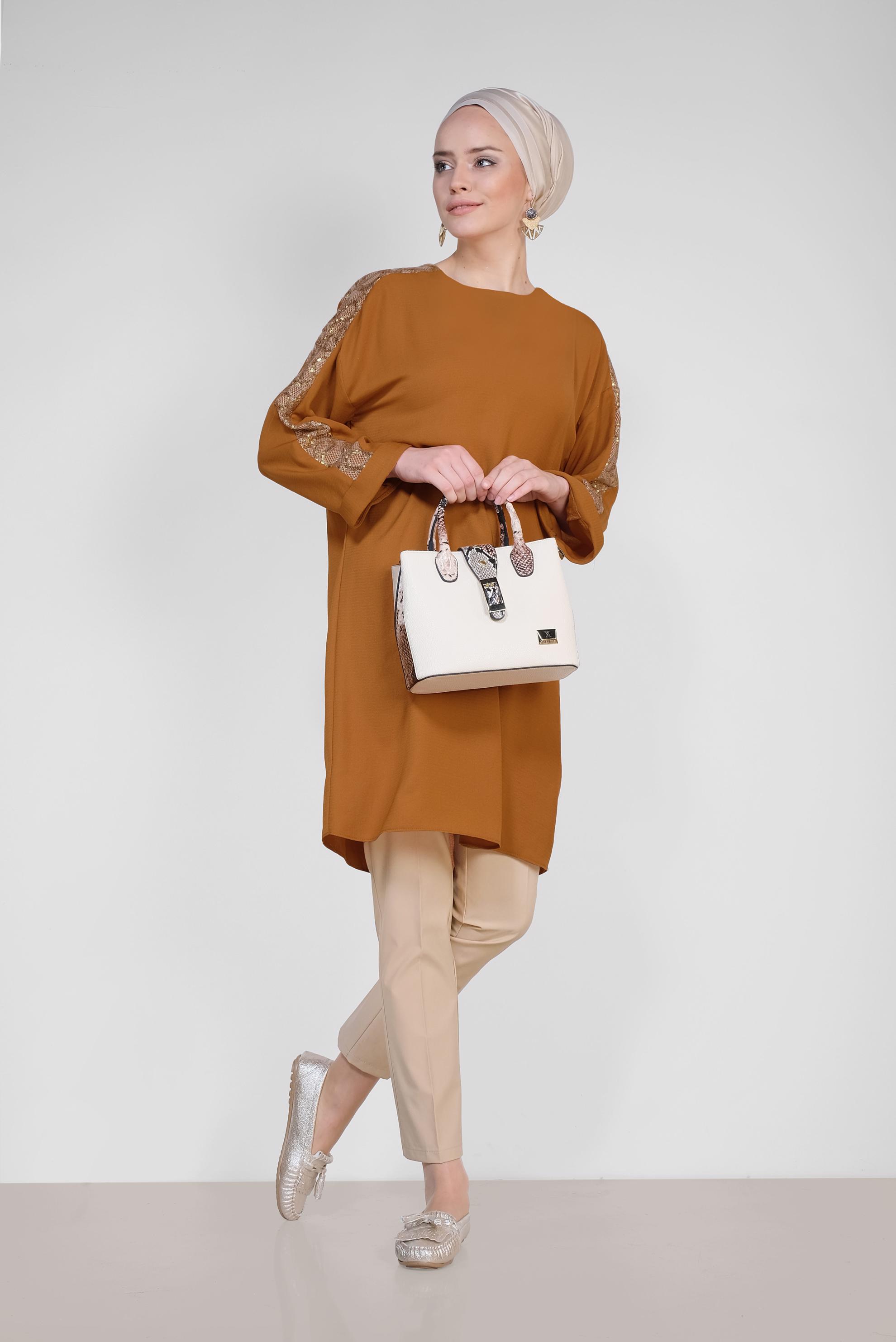 Tesettür giyim BEJ ARA BEL KUMAŞ PANTOLON 7577