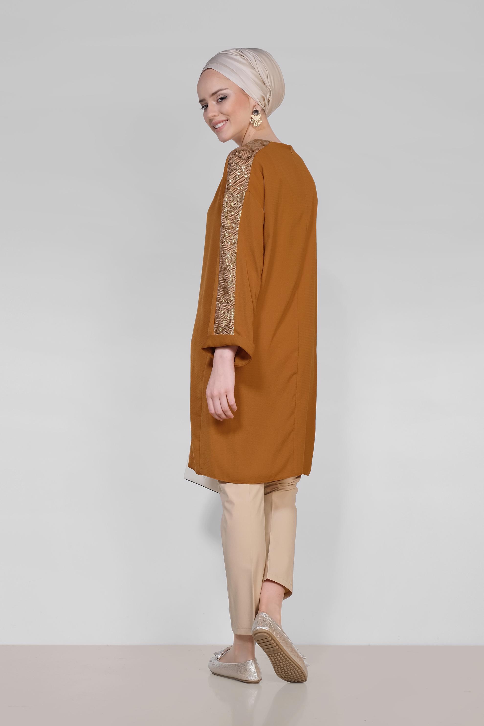 Tesettür giyim BEJ ARA BEL KUMAŞ PANTOLON 7577