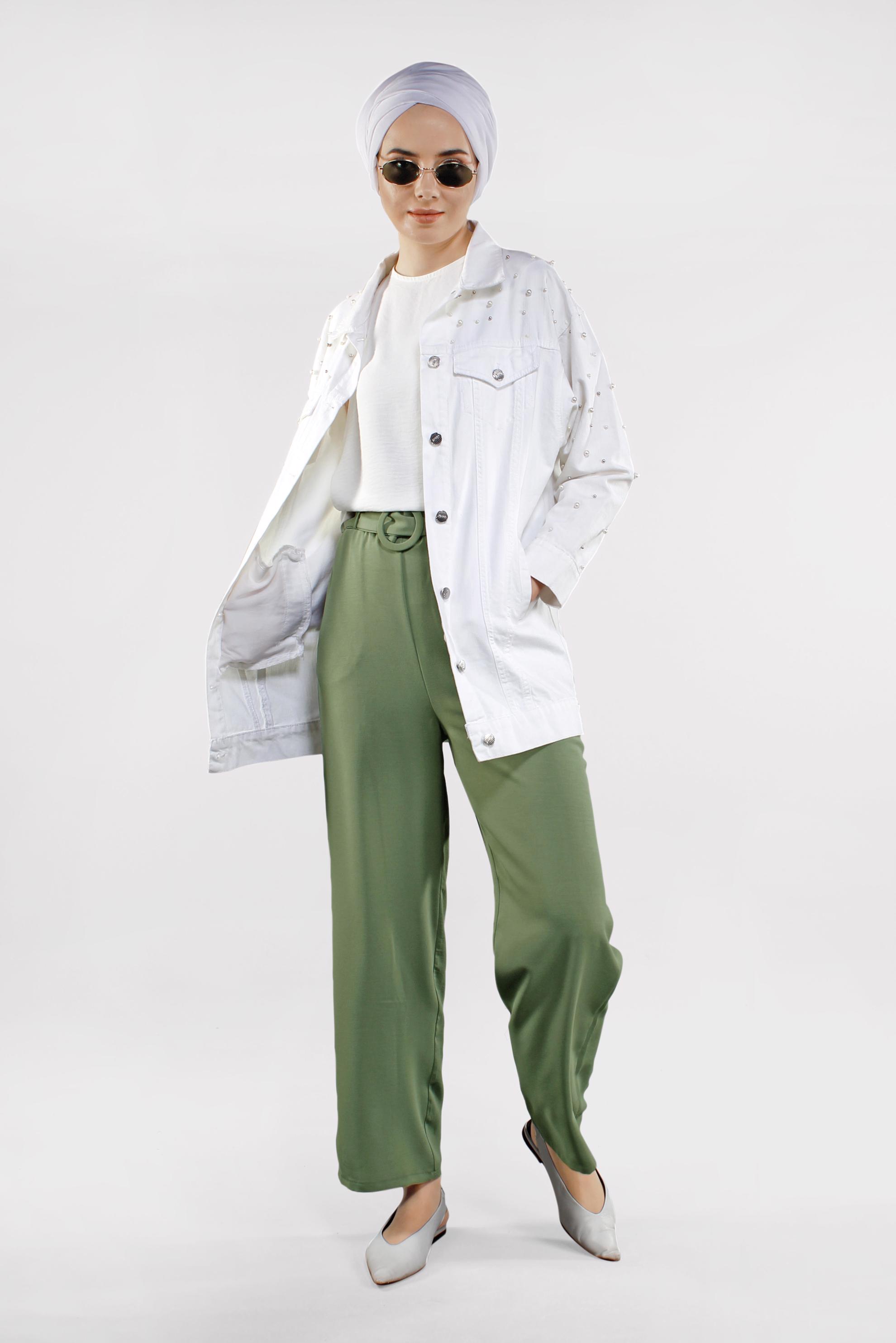 Tesettür giyim YEŞİL YÜKSEK BEL KEMERLİ LİKRALI PANTOLON 7587 