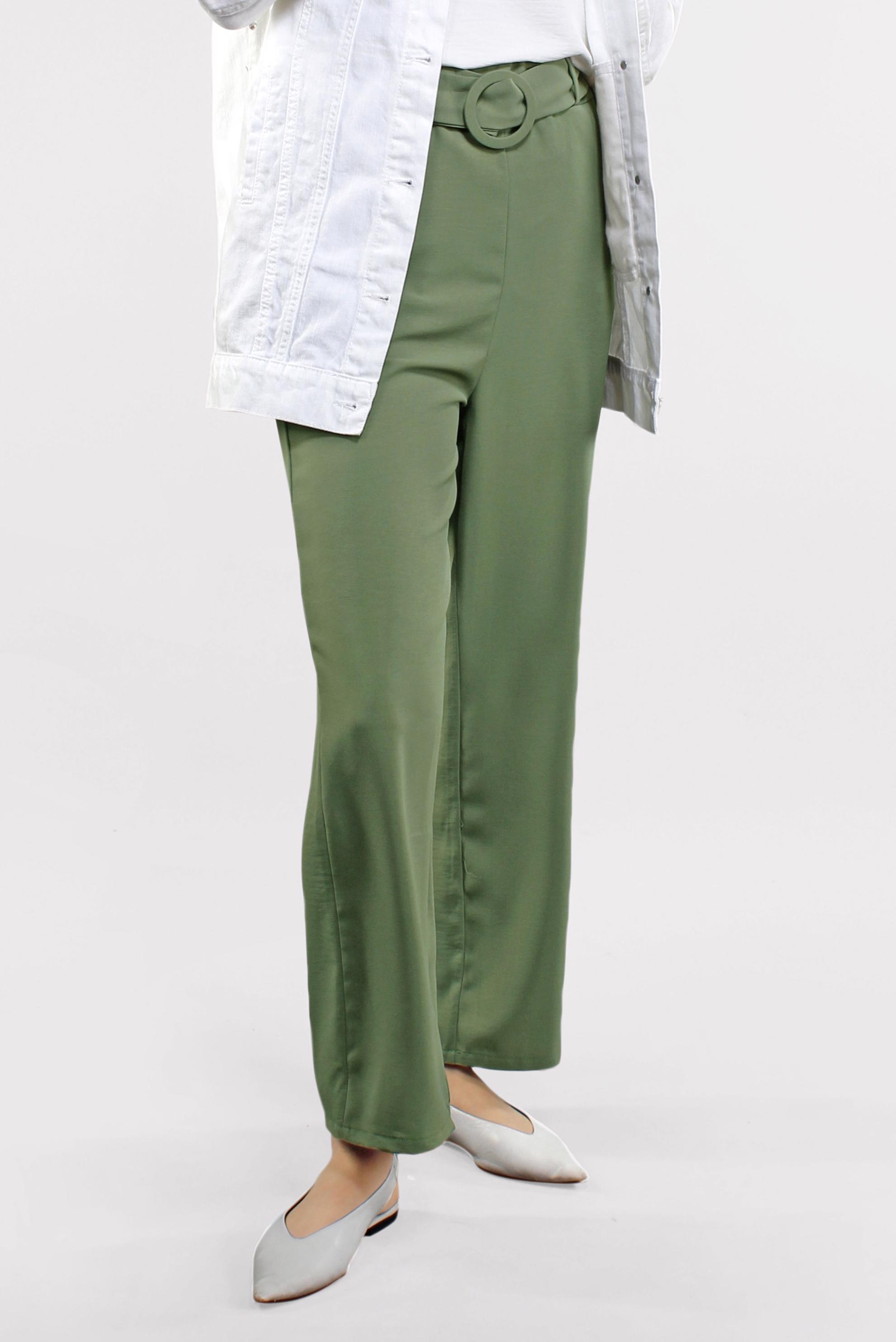 Tesettür giyim YEŞİL YÜKSEK BEL KEMERLİ LİKRALI PANTOLON 7587 