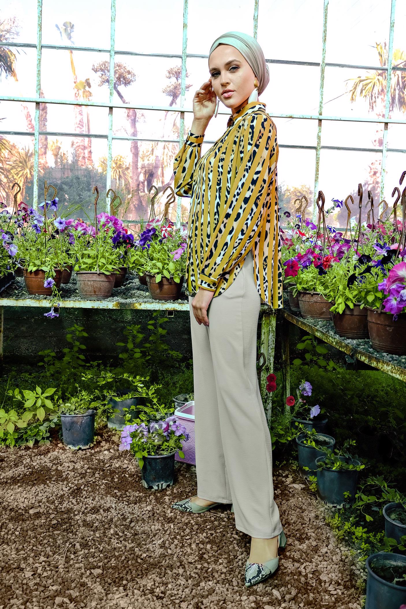 Tesettür giyim BEJ YÜKSEK BEL KEMERLİ LİKRALI PANTOLON 7587 