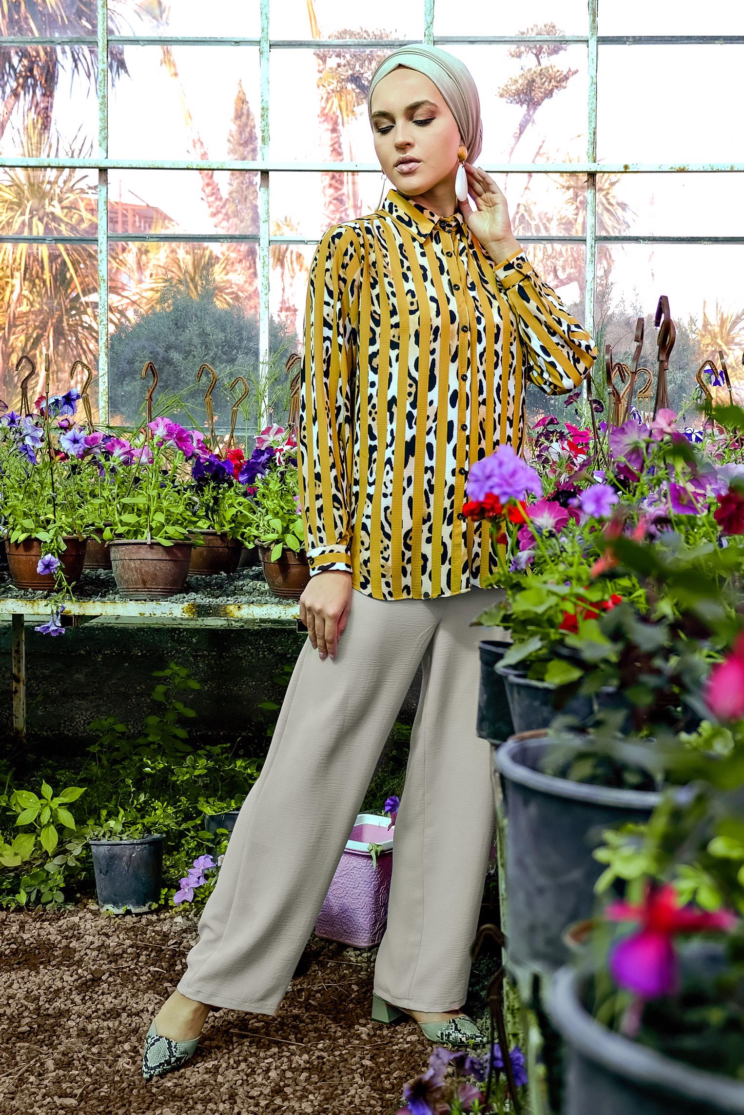 Tesettür giyim BEJ YÜKSEK BEL KEMERLİ LİKRALI PANTOLON 7587 