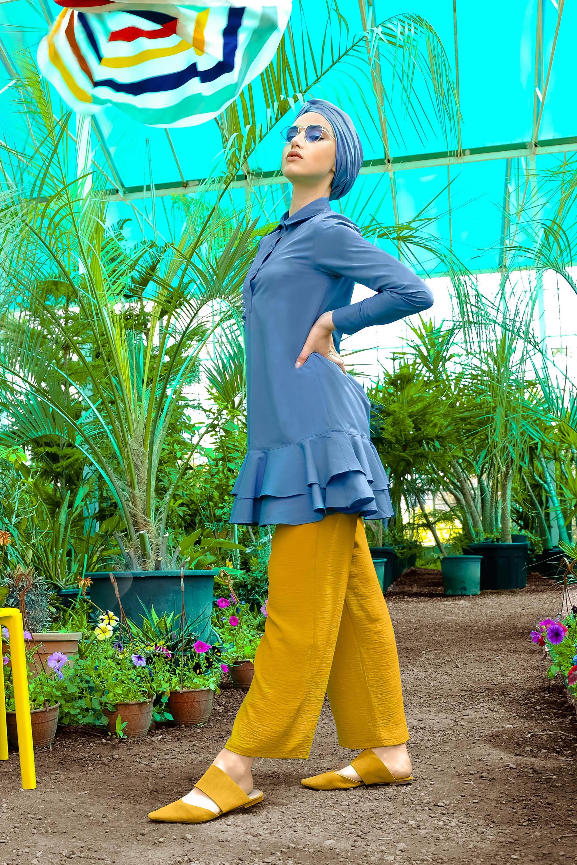 Tesettür giyim SARI YÜKSEK BEL KEMERLİ LİKRALI PANTOLON 7587 