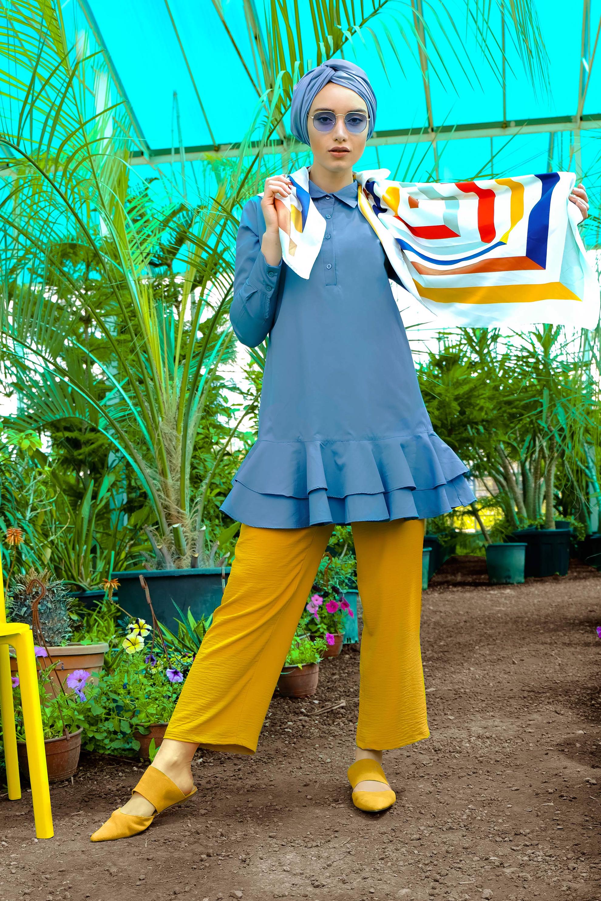 Tesettür giyim SARI YÜKSEK BEL KEMERLİ LİKRALI PANTOLON 7587 