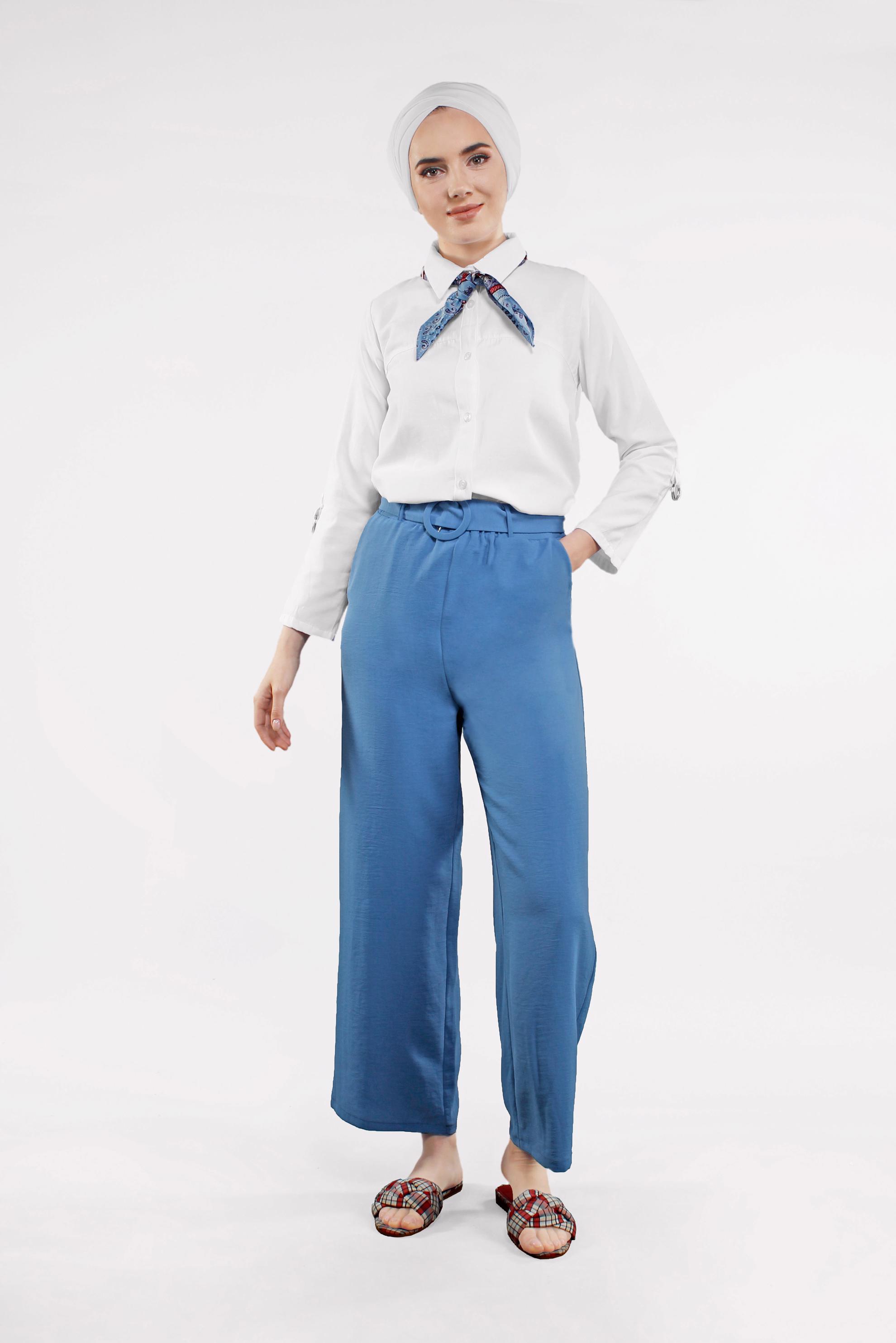 Tesettür giyim LACİVERT YÜKSEK BEL KEMERLİ LİKRALI PANTOLON 7587 