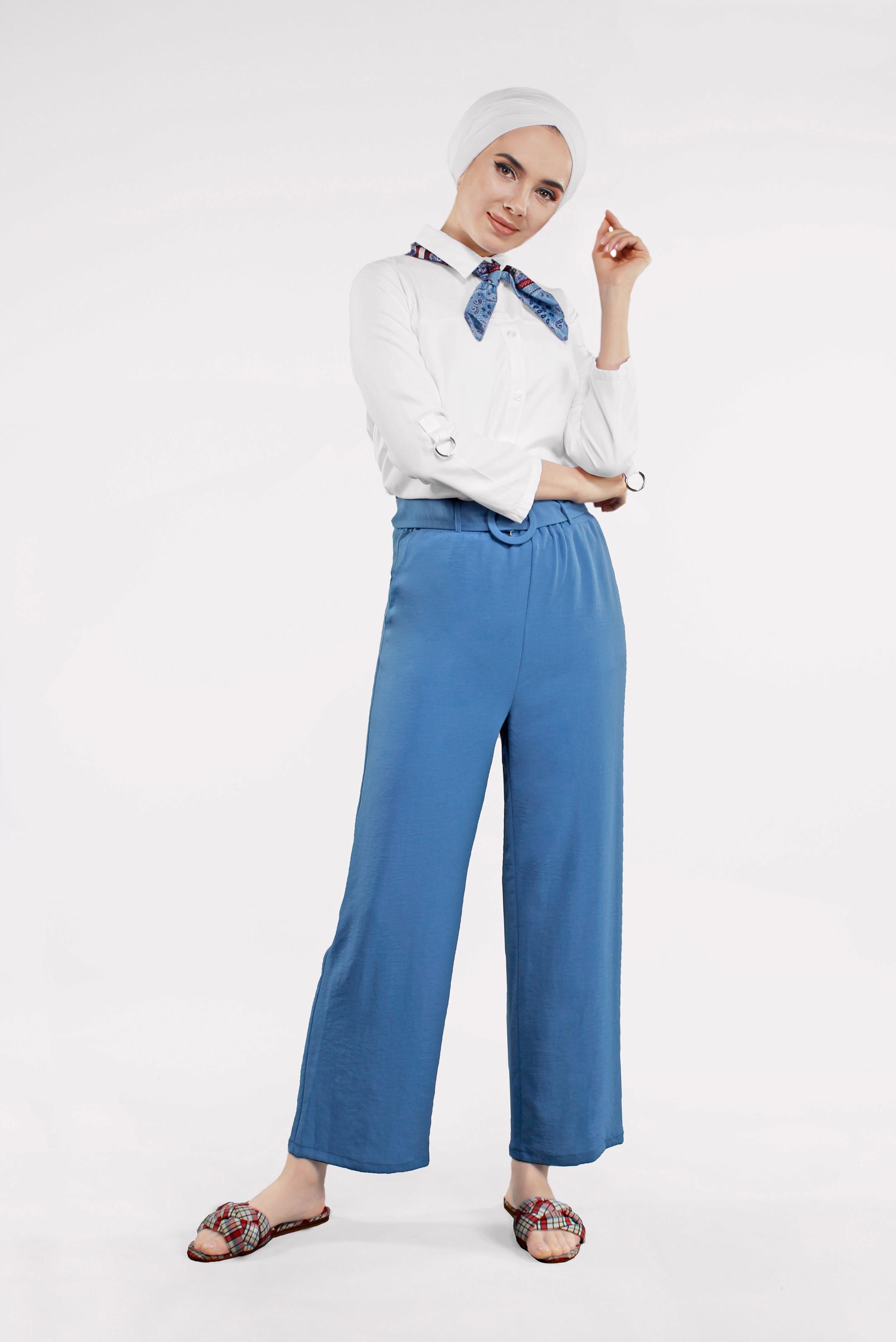 Tesettür giyim LACİVERT YÜKSEK BEL KEMERLİ LİKRALI PANTOLON 7587 