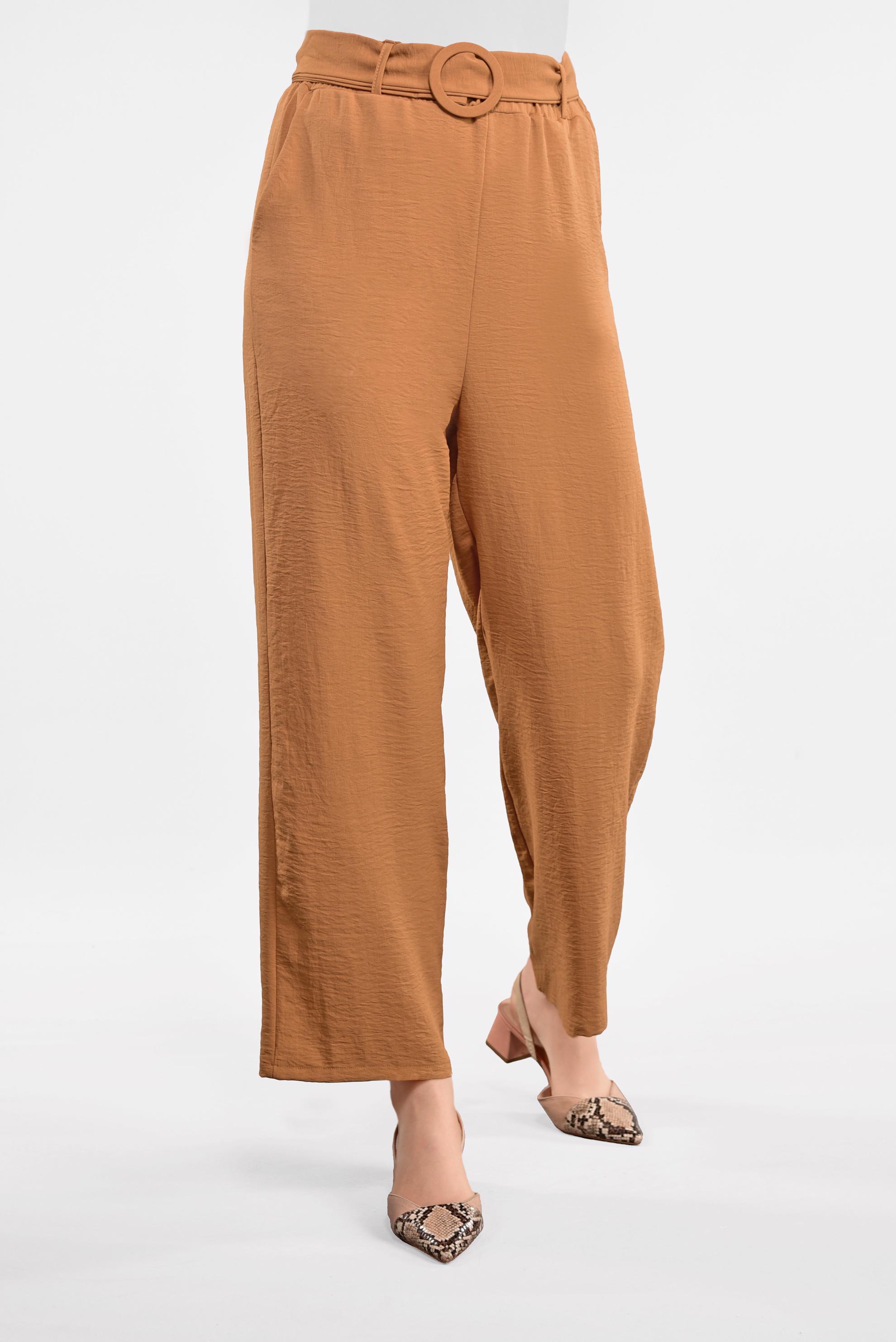 Tesettür giyim TABA YÜKSEK BEL KEMERLİ LİKRALI PANTOLON 7587 