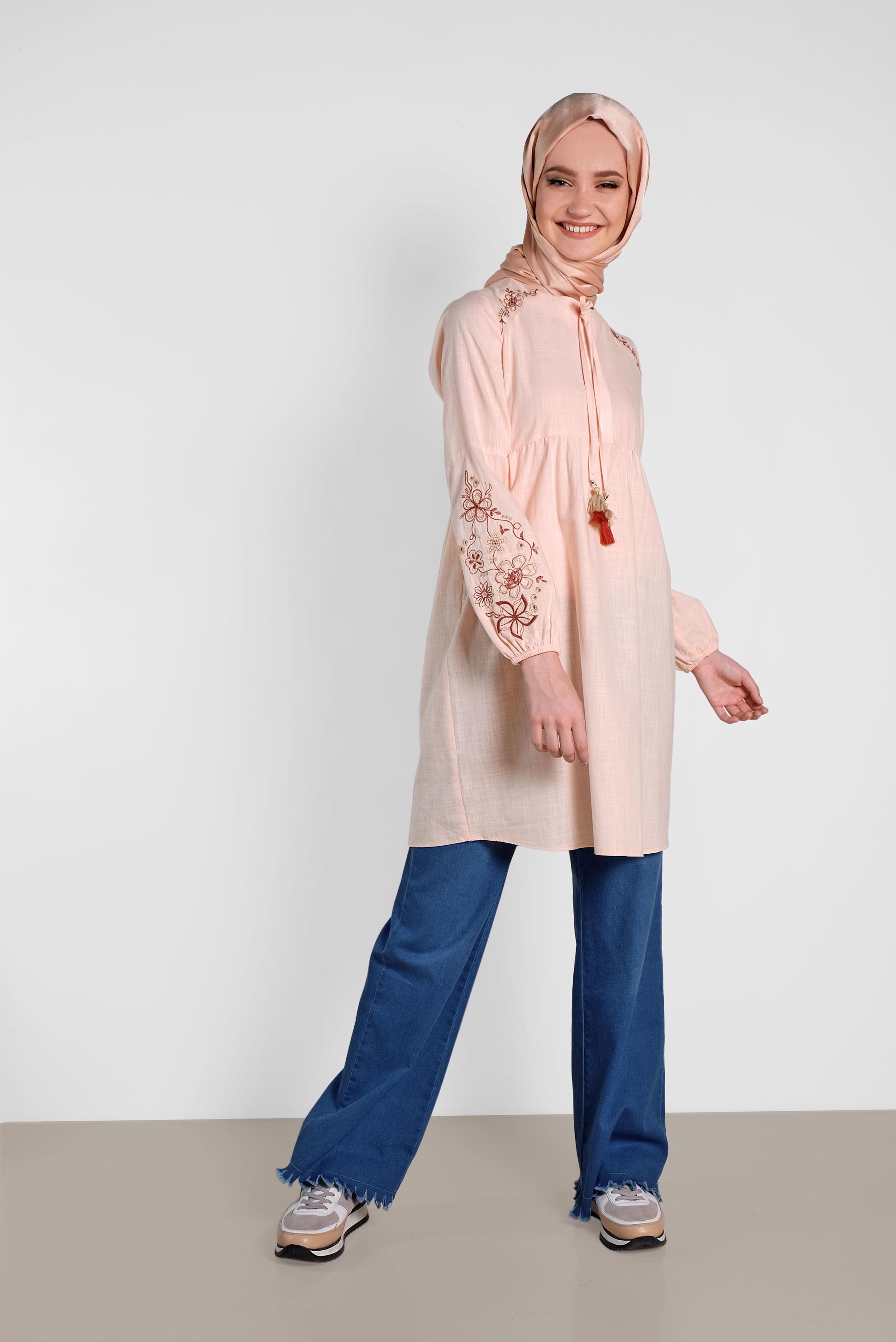 Tesettür giyim MAVİ PAÇA DETAYLI PANTOLON 7591 